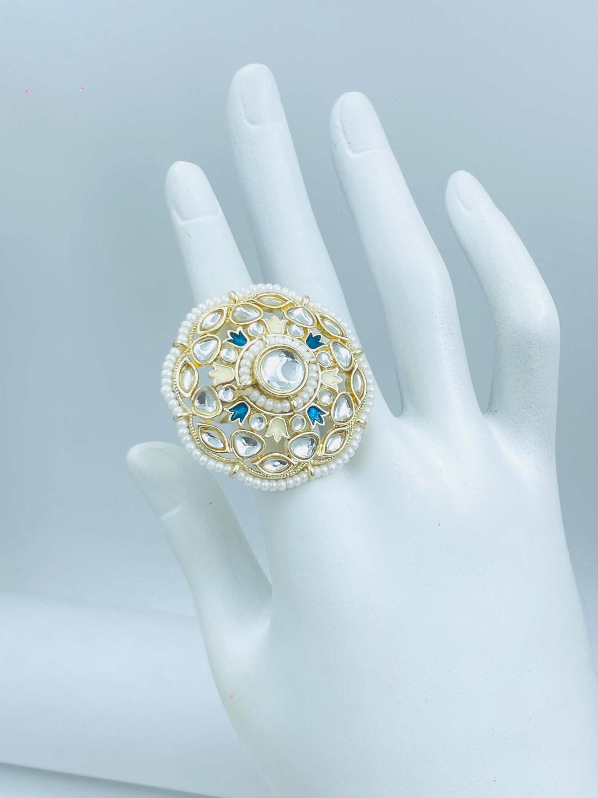 Elegant Ethnic Pearl and Blue Stone Ring