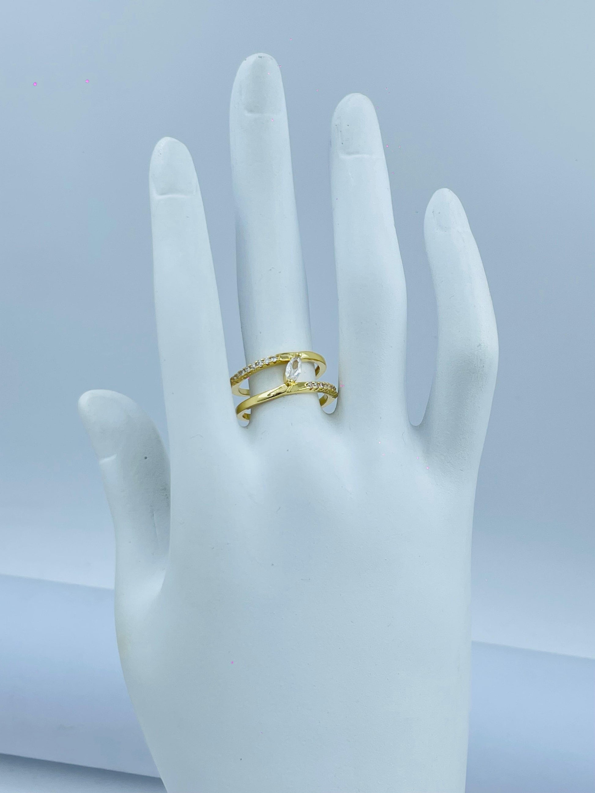 Gold Double-Band Ring with Marquise CZ – Minimalist Elegant Design
