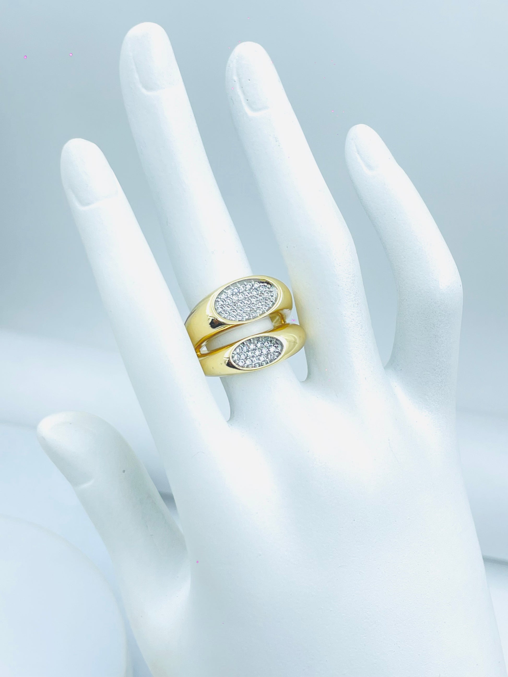 Stylish Gold Tone Dual Band Ring with Crystal Accents