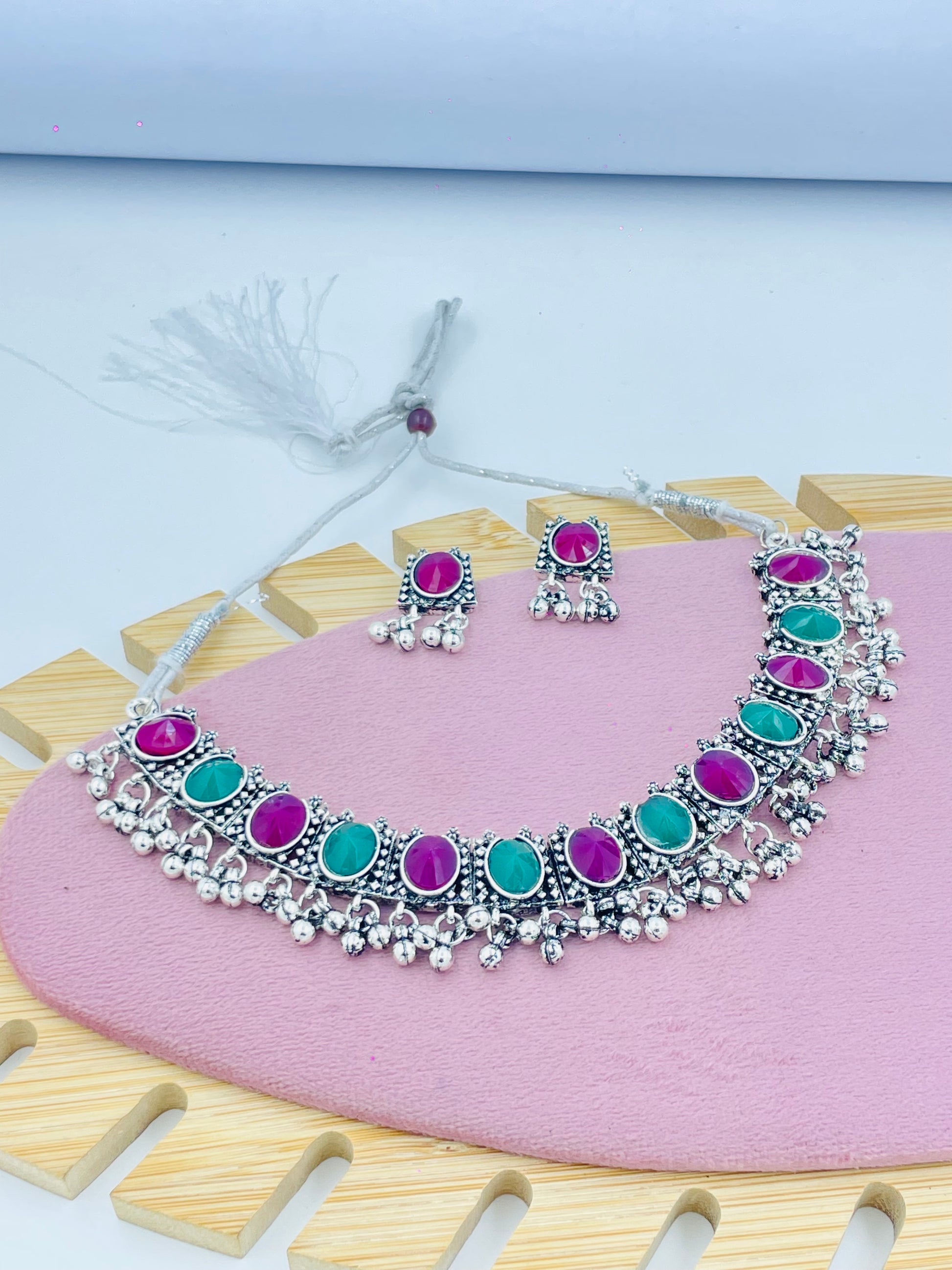 Pink and Green Stone Necklace Set  Elegant Jewelry Collection