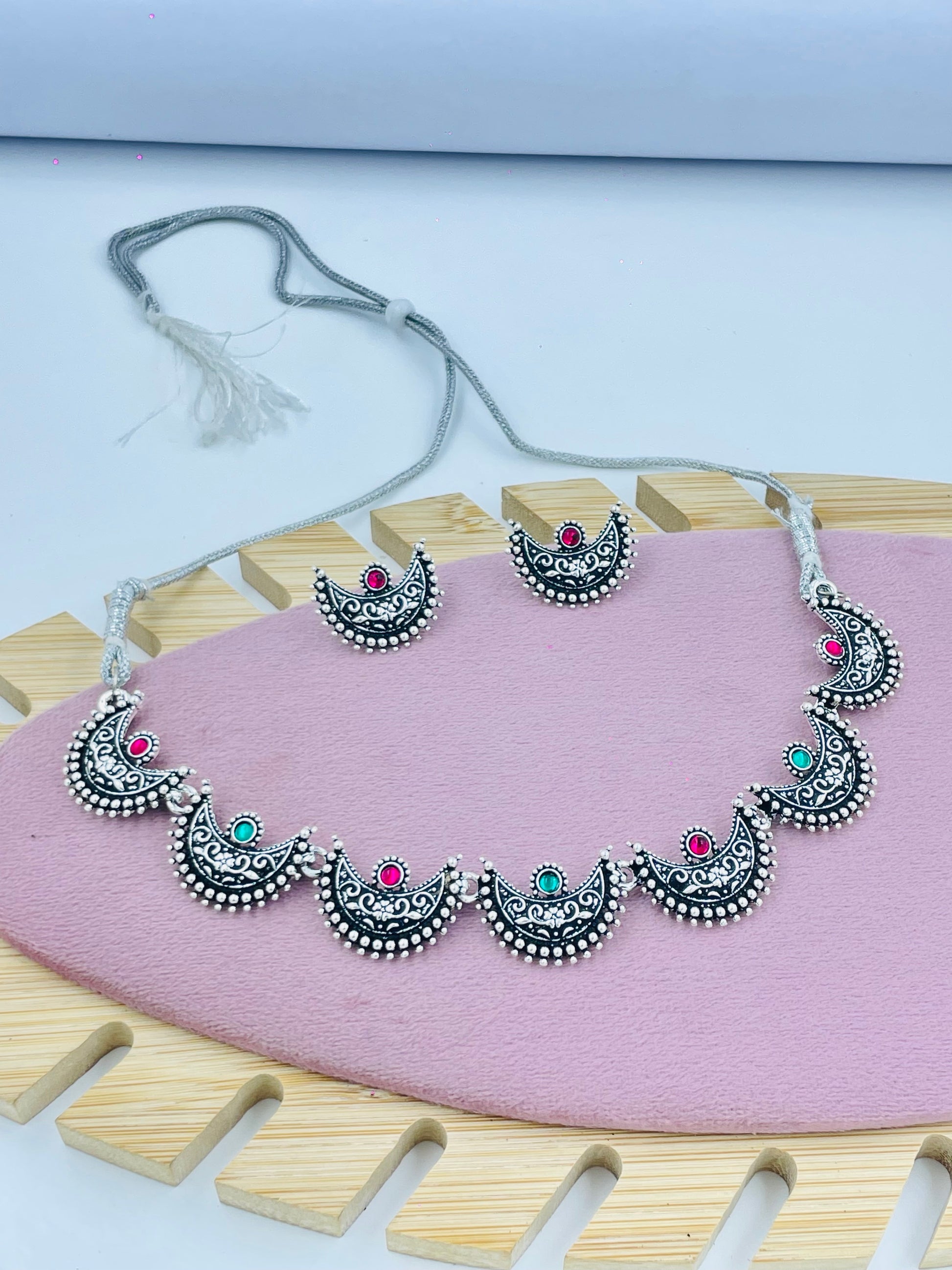 Elegant Oxidized Silver Crescent Necklace