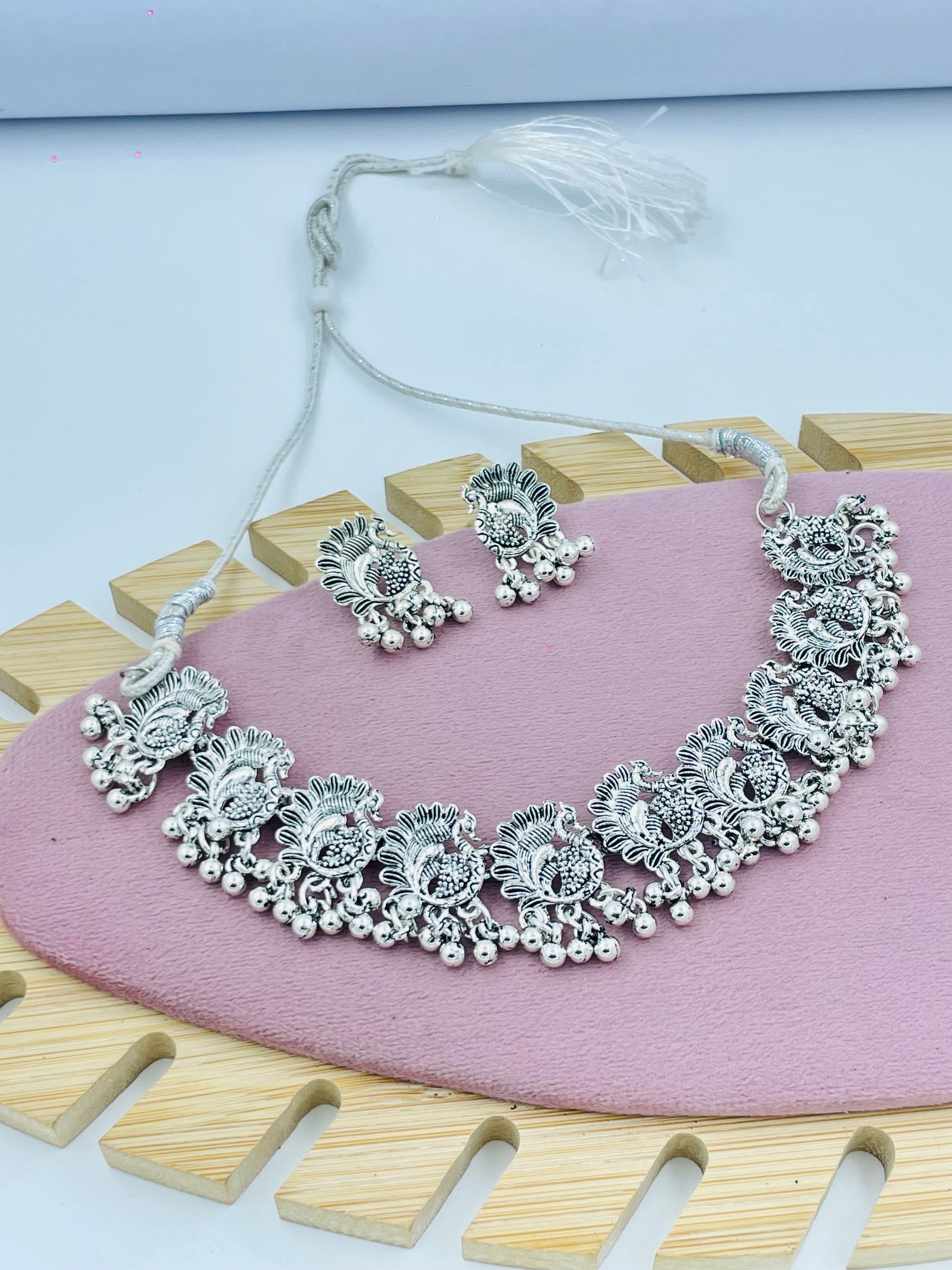 Oxidized Silver Floral Necklace Set with Earrings