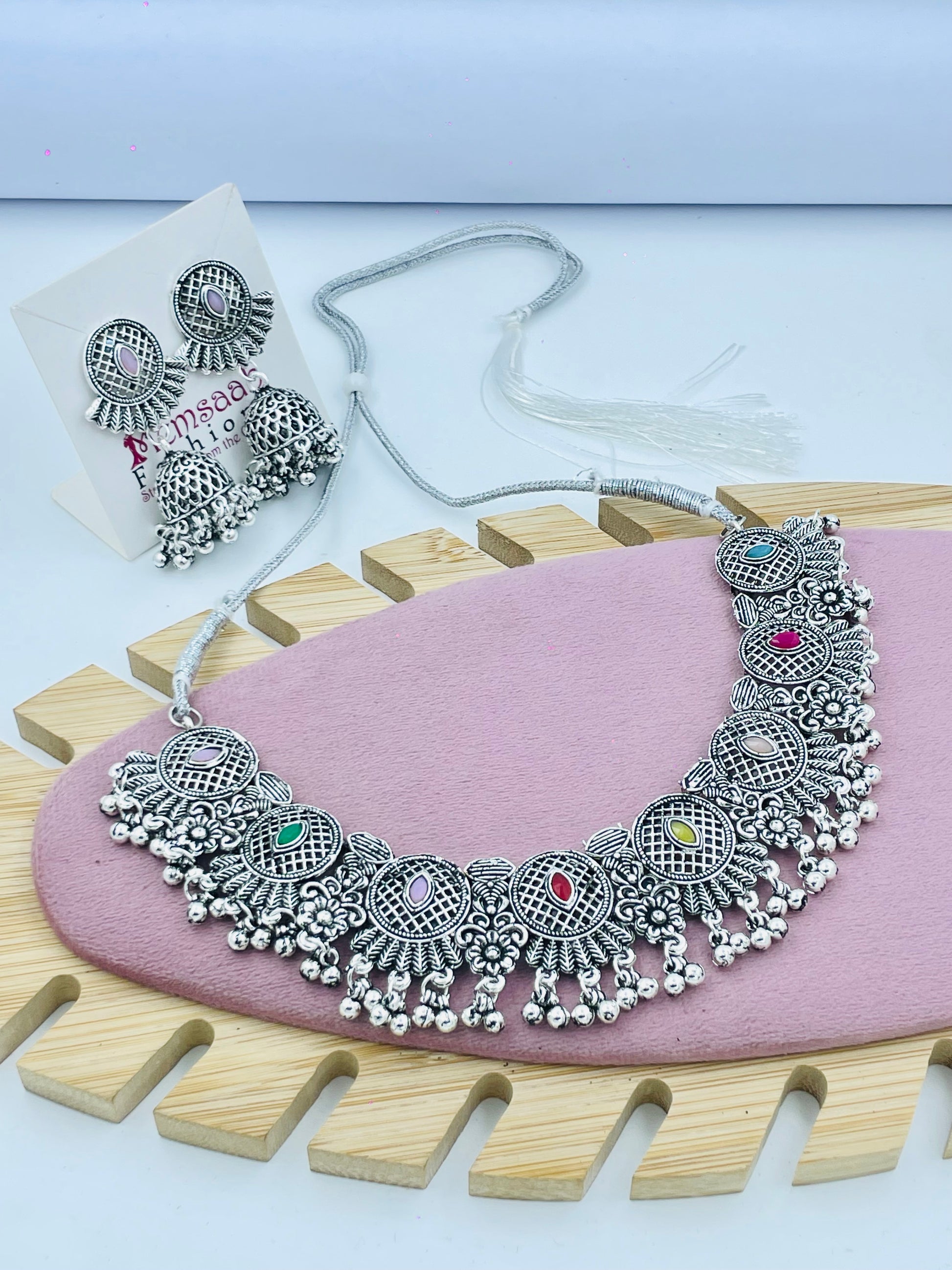Bohemian Silver Tribal Necklace Set with Earrings