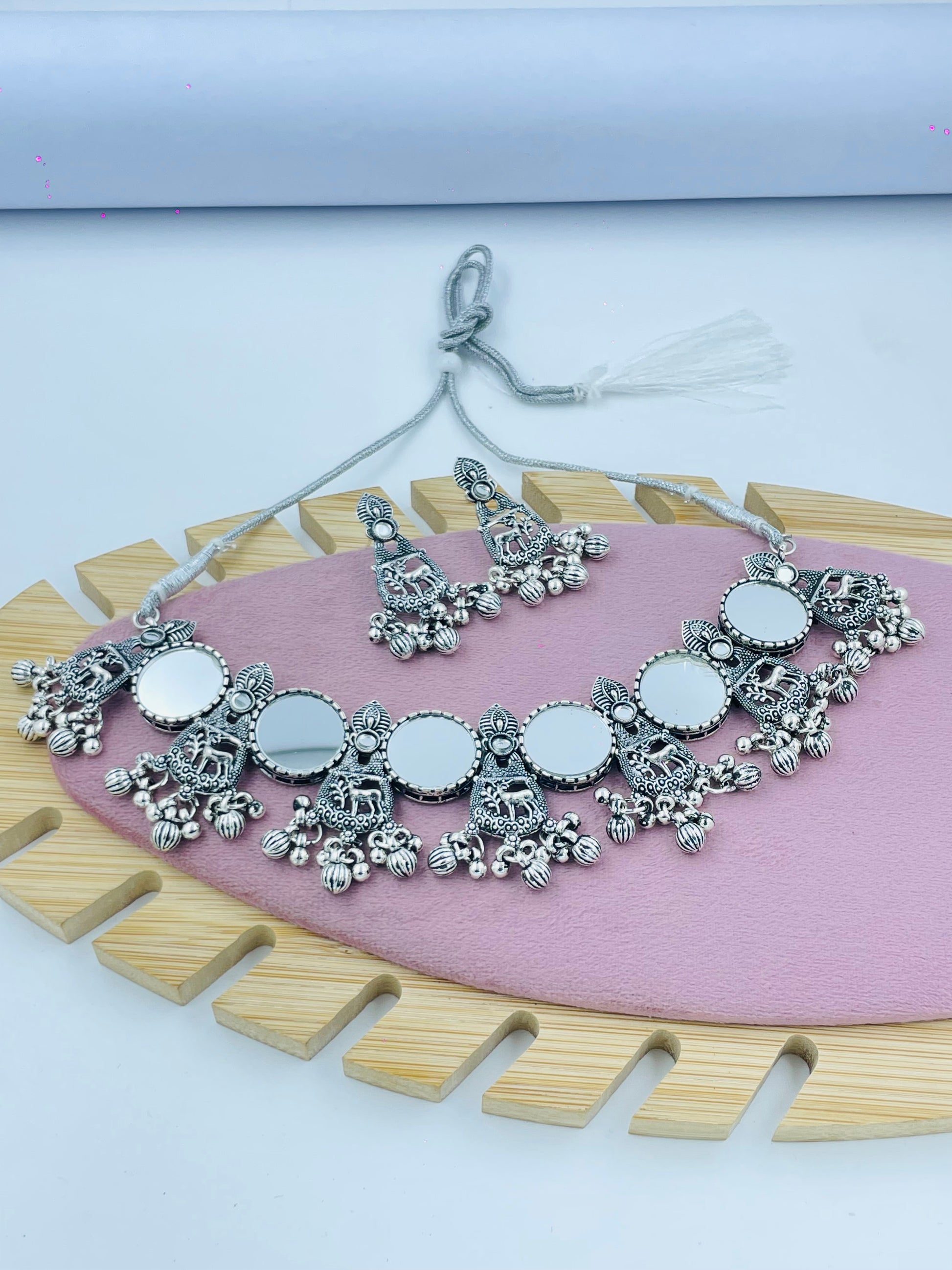 Elegant Ethnic Silver Mirror Necklace