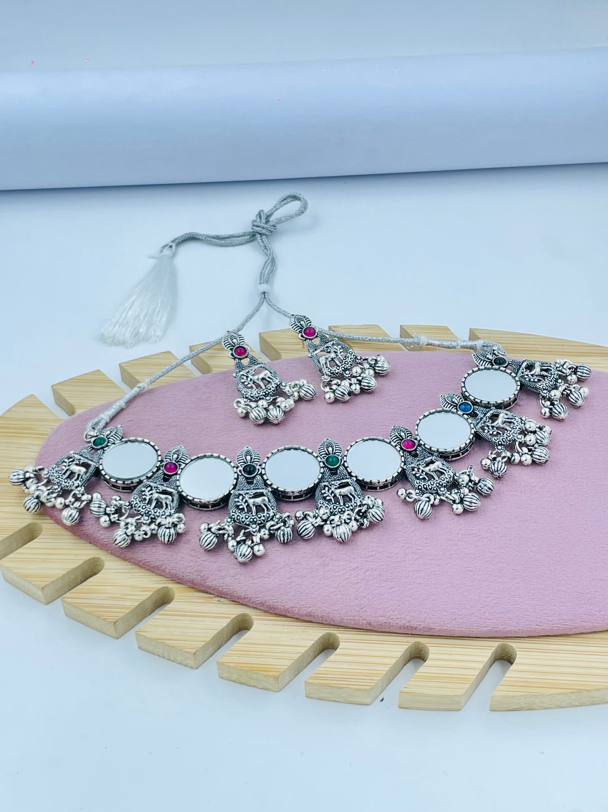 Traditional Silver Mirror Necklace Set with Earrings