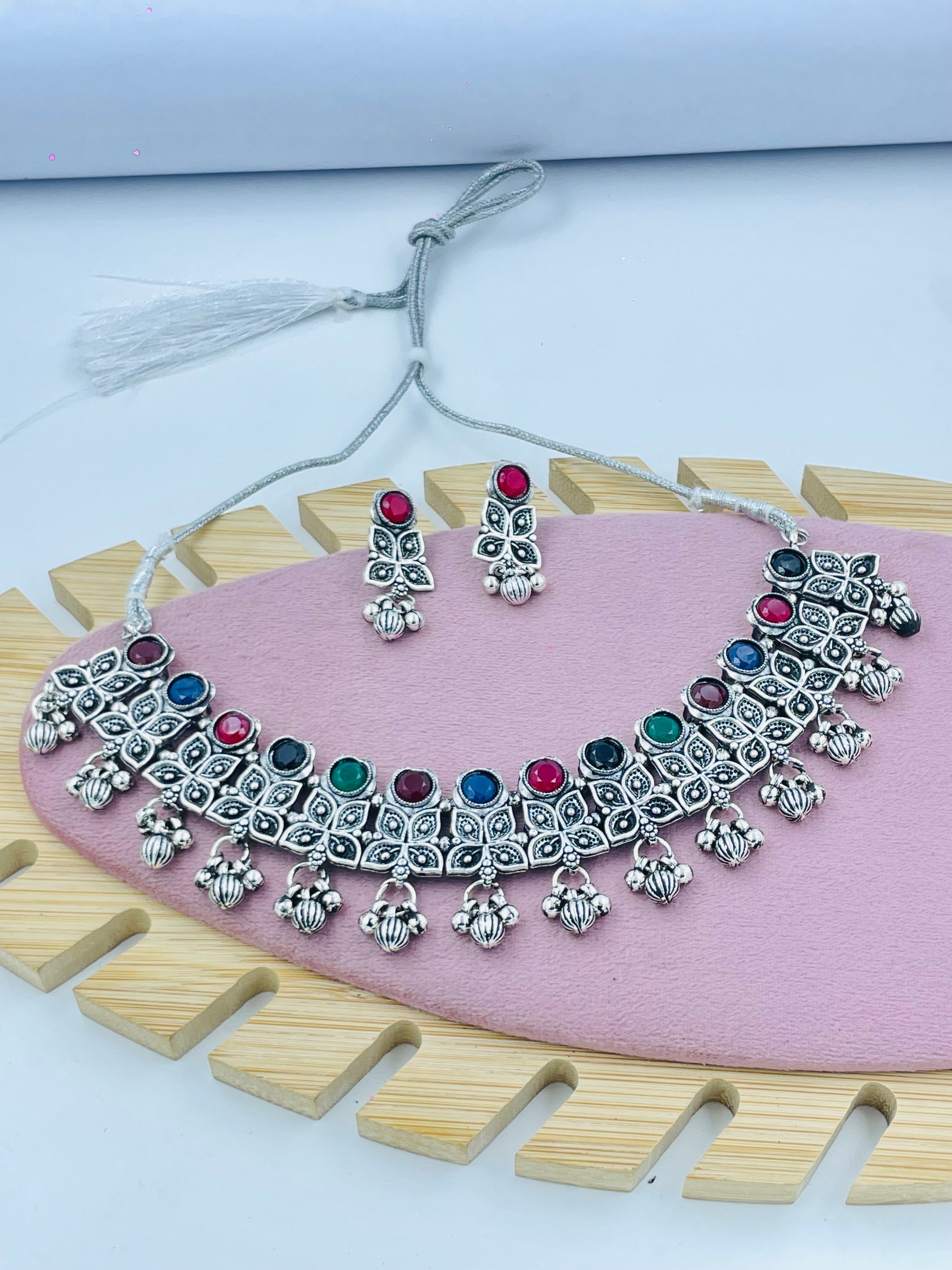 Oxidized Silver Necklace Set with Colorful Stones