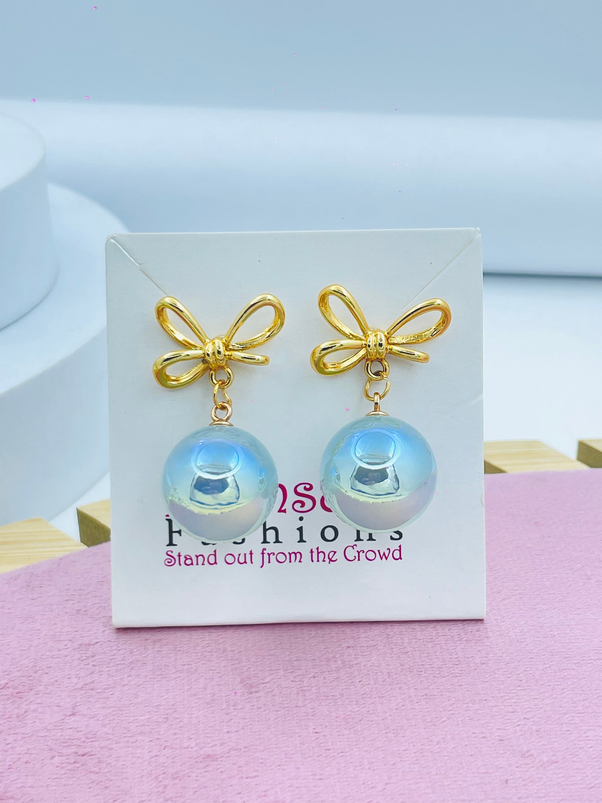 Elegant Bow with Iridescent Ball Earrings  Statement Jewelry