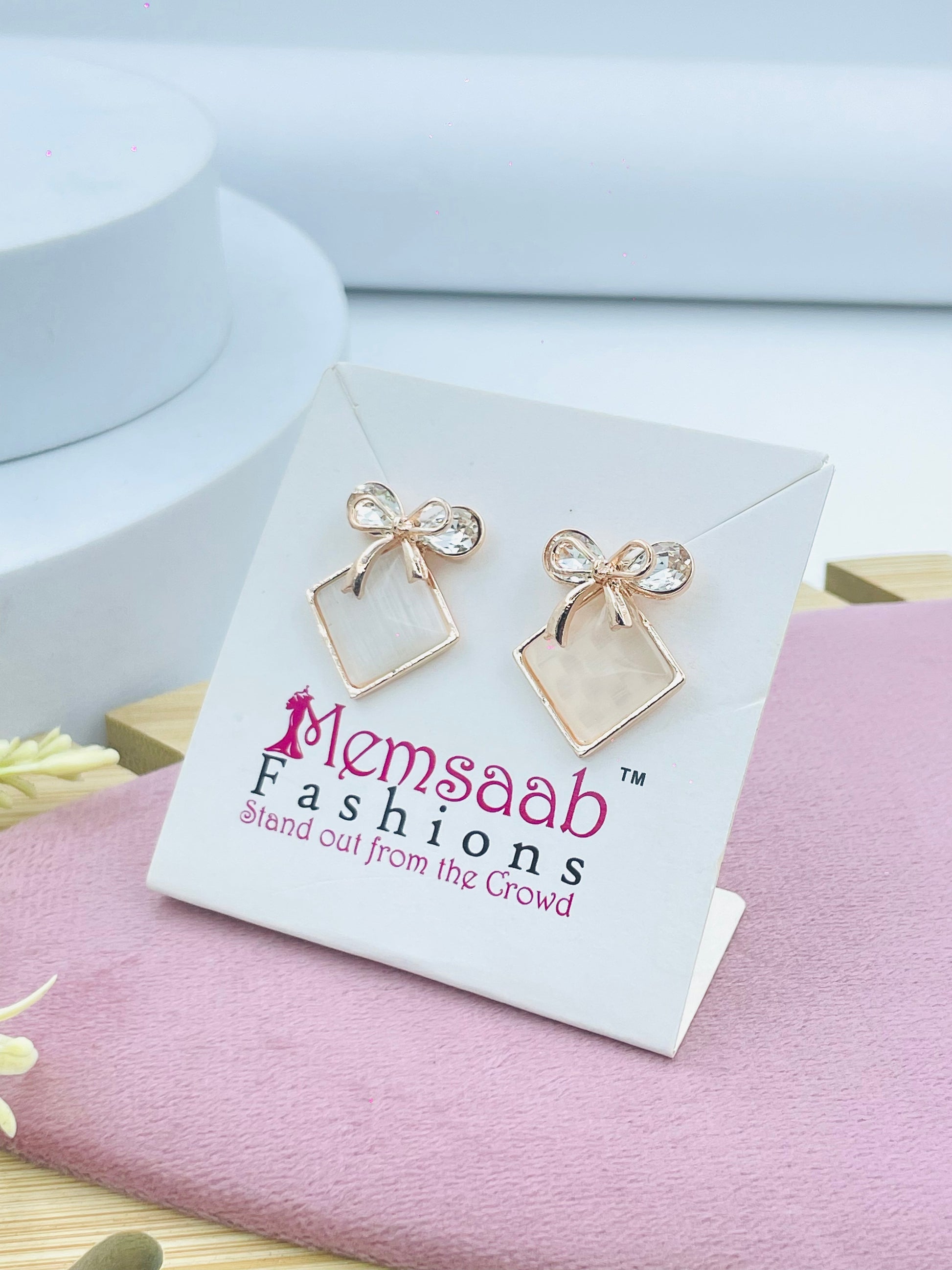 Elegant Bow and Square Rose Gold Earrings