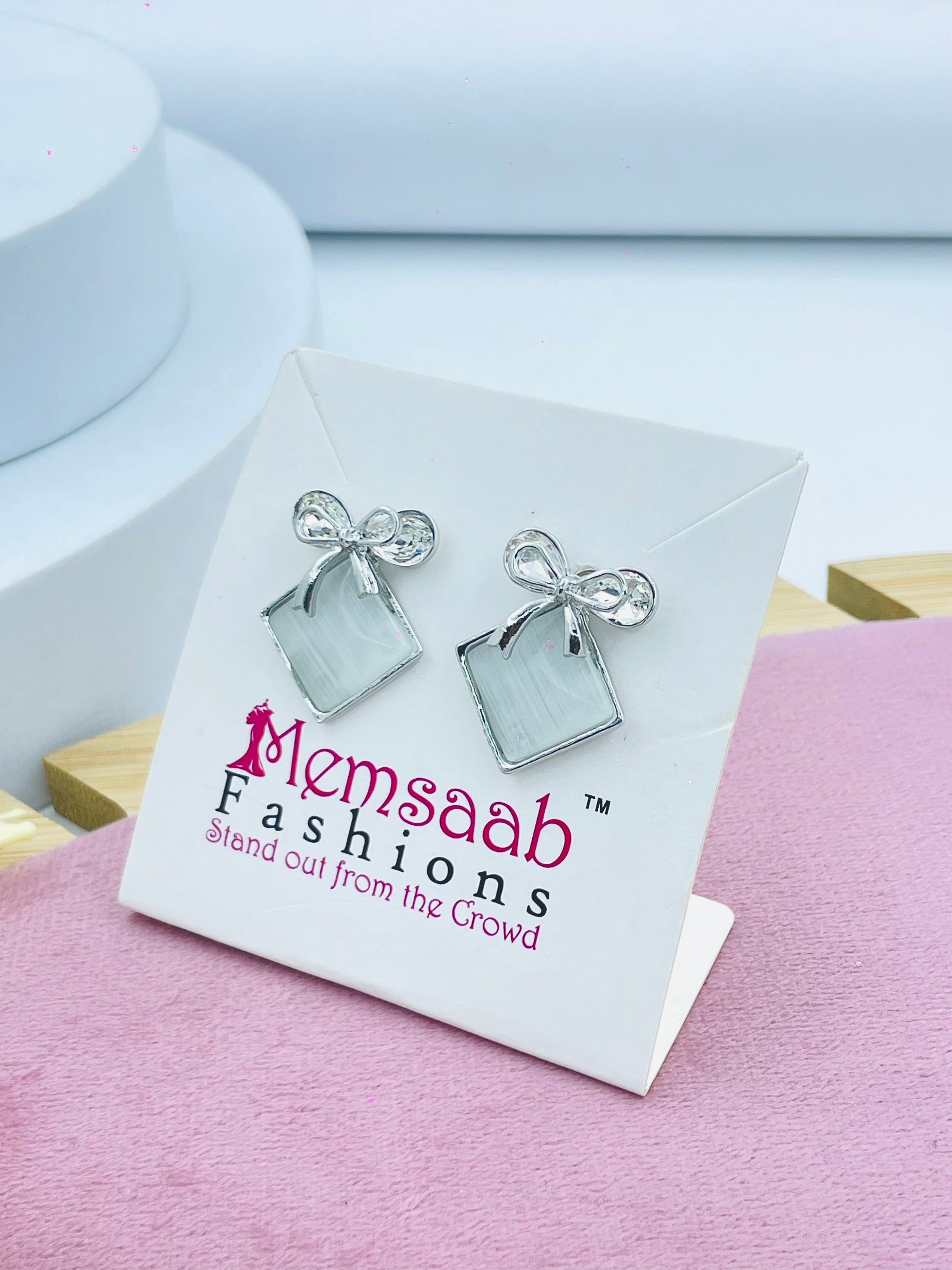 Elegant Silver Bow Square Earrings