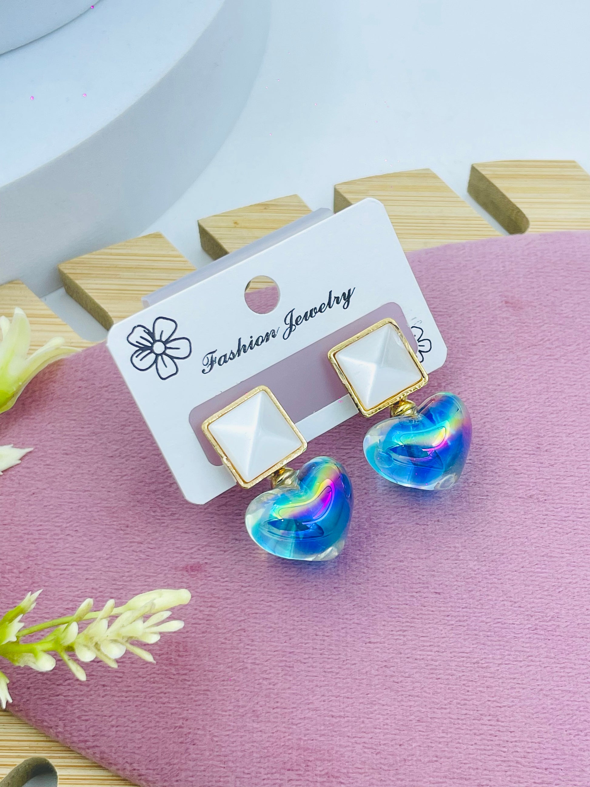 Iridescent Heart Drop Earrings  Fashion Jewelry