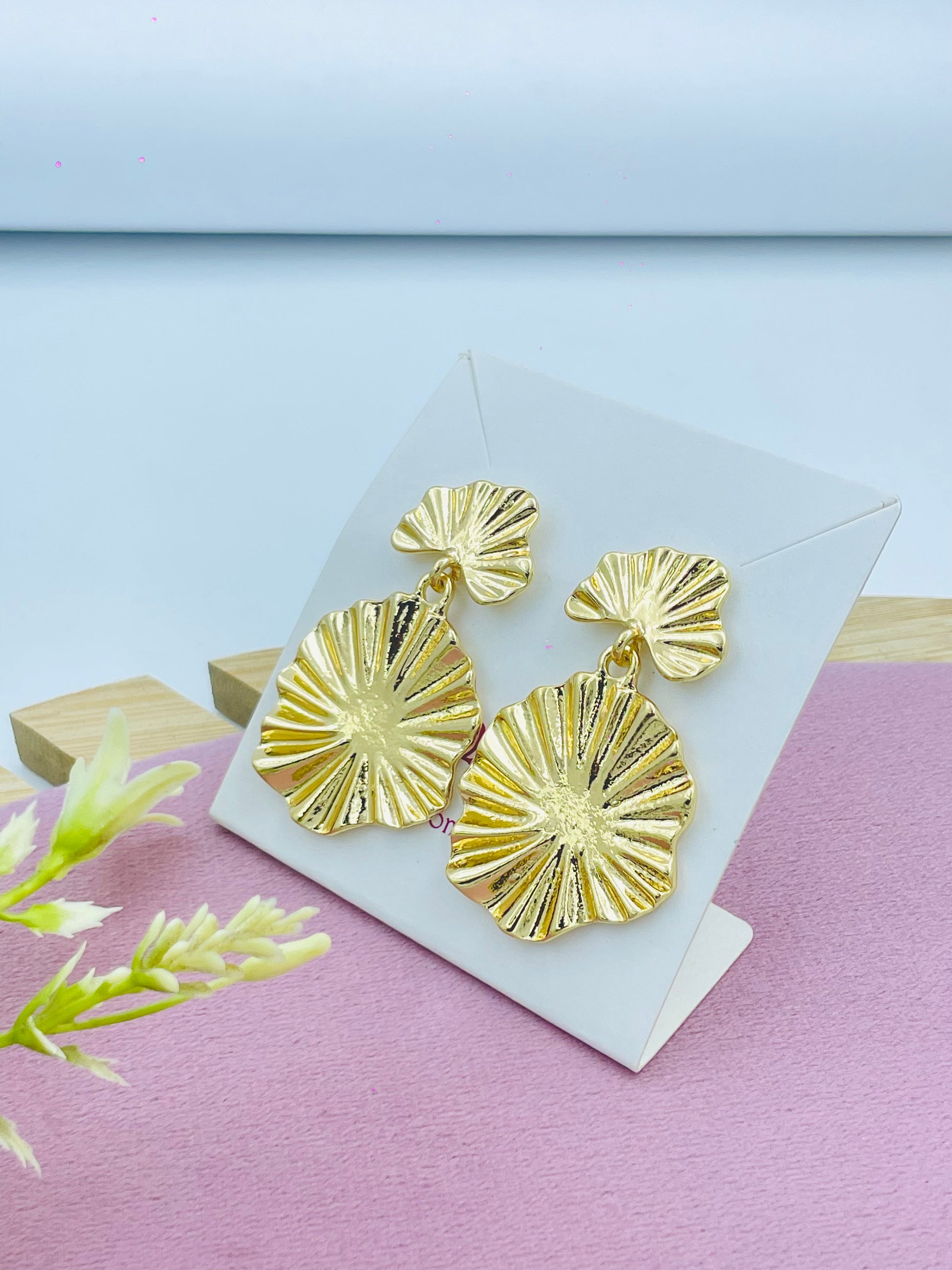 Elegant Gold Textured Floral Drop Earrings  Stylish Jewelry