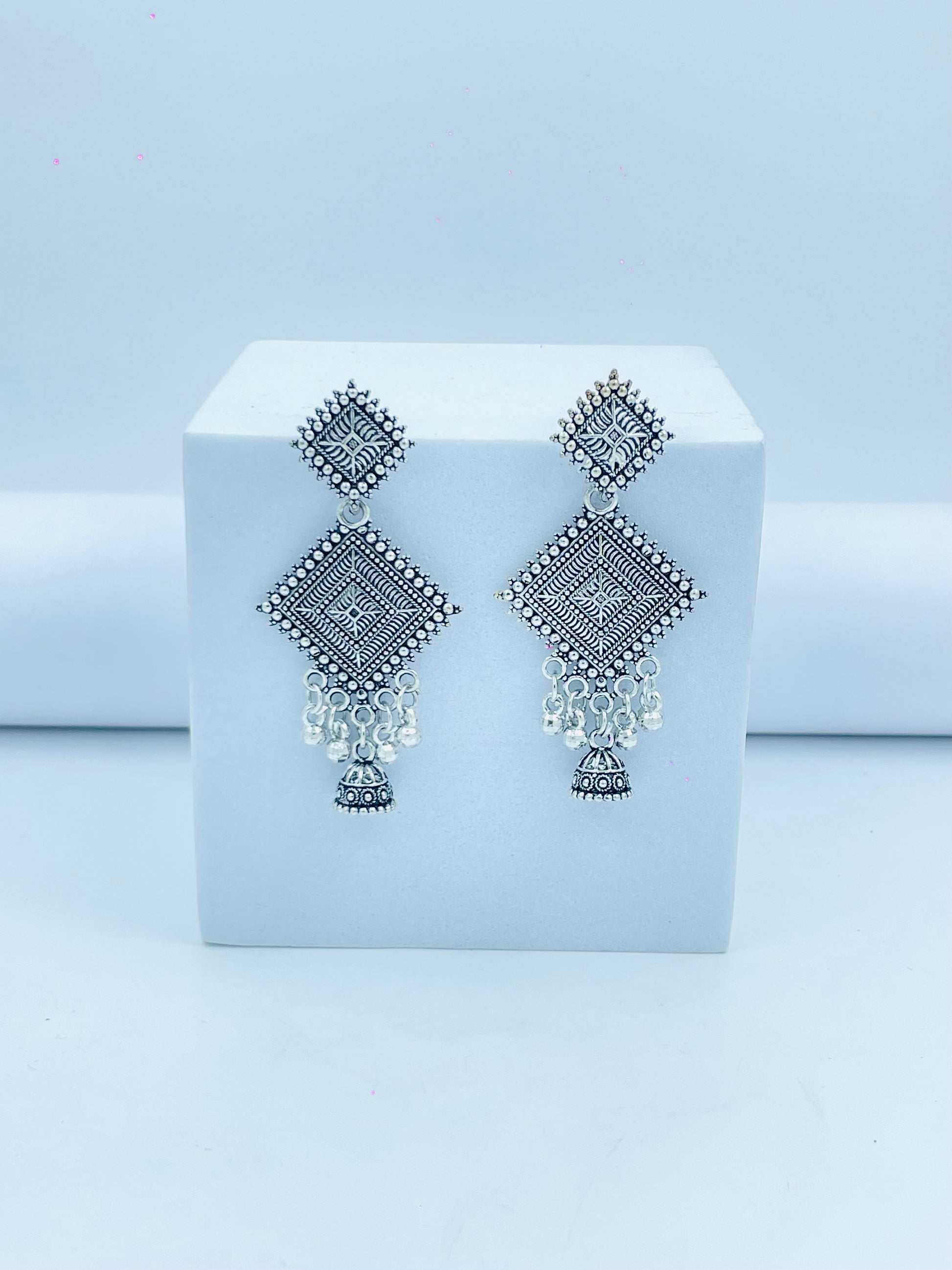 Oxidized Silver Geometric Earrings  Pearl Drop Design