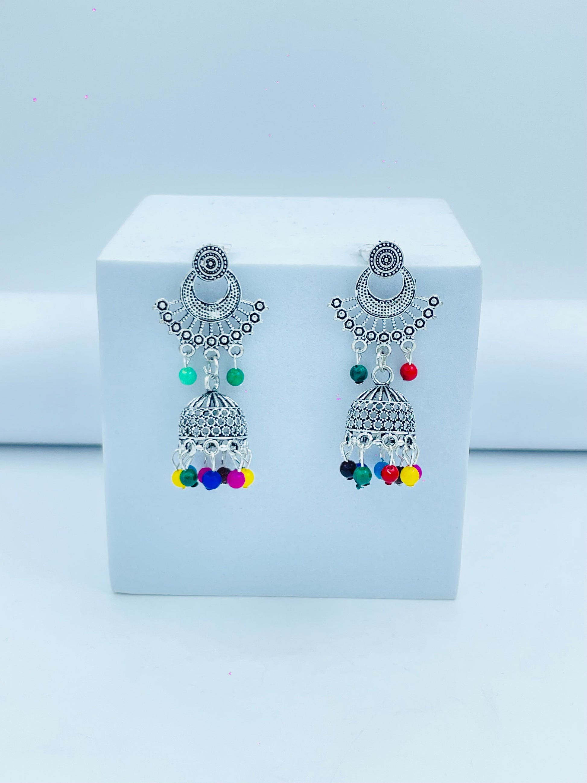 Silver Oxidized Multicolor Jhumka Earrings for Women