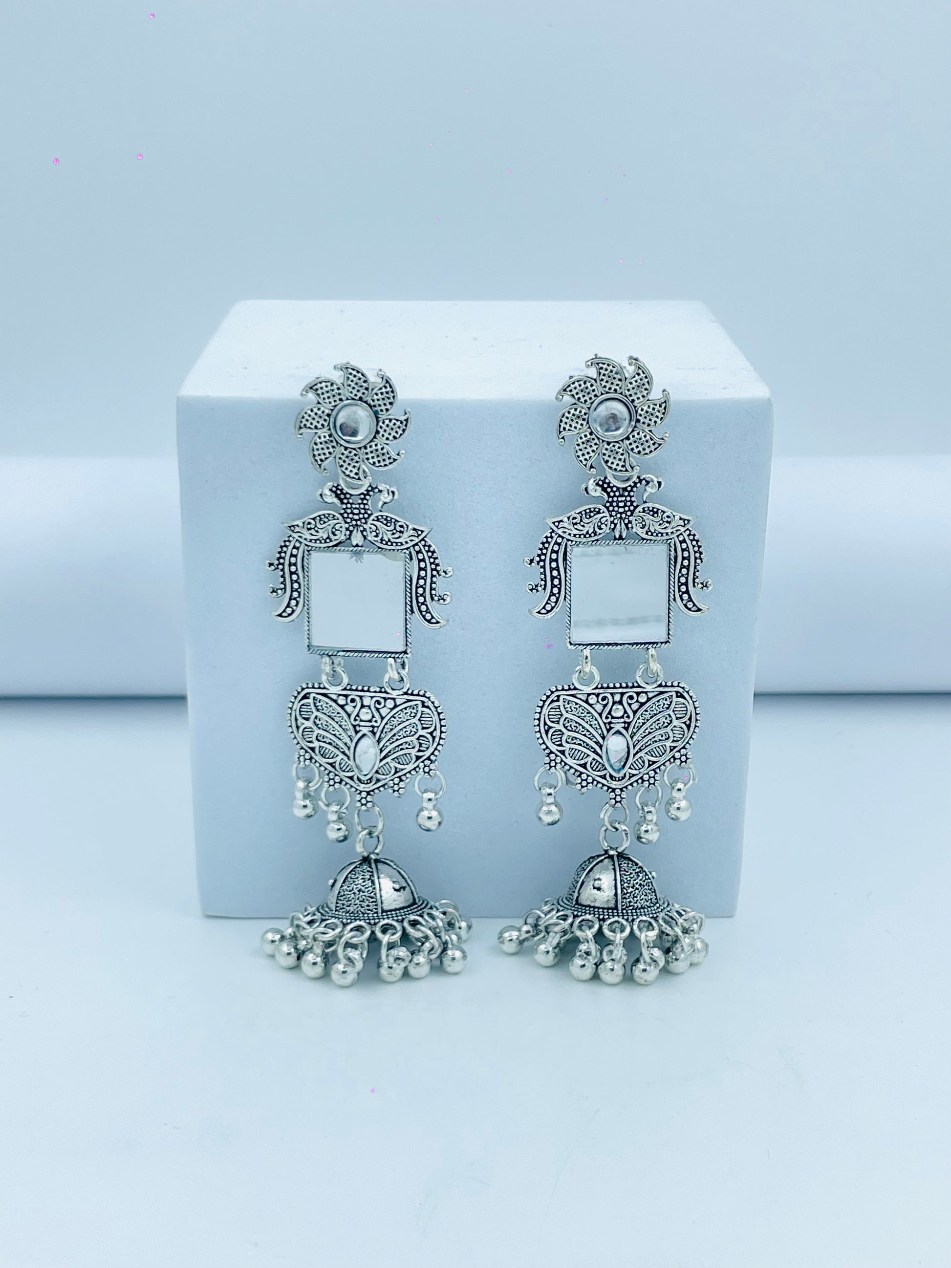 Exquisite Traditional Silver Mirror Jhumka Earrings