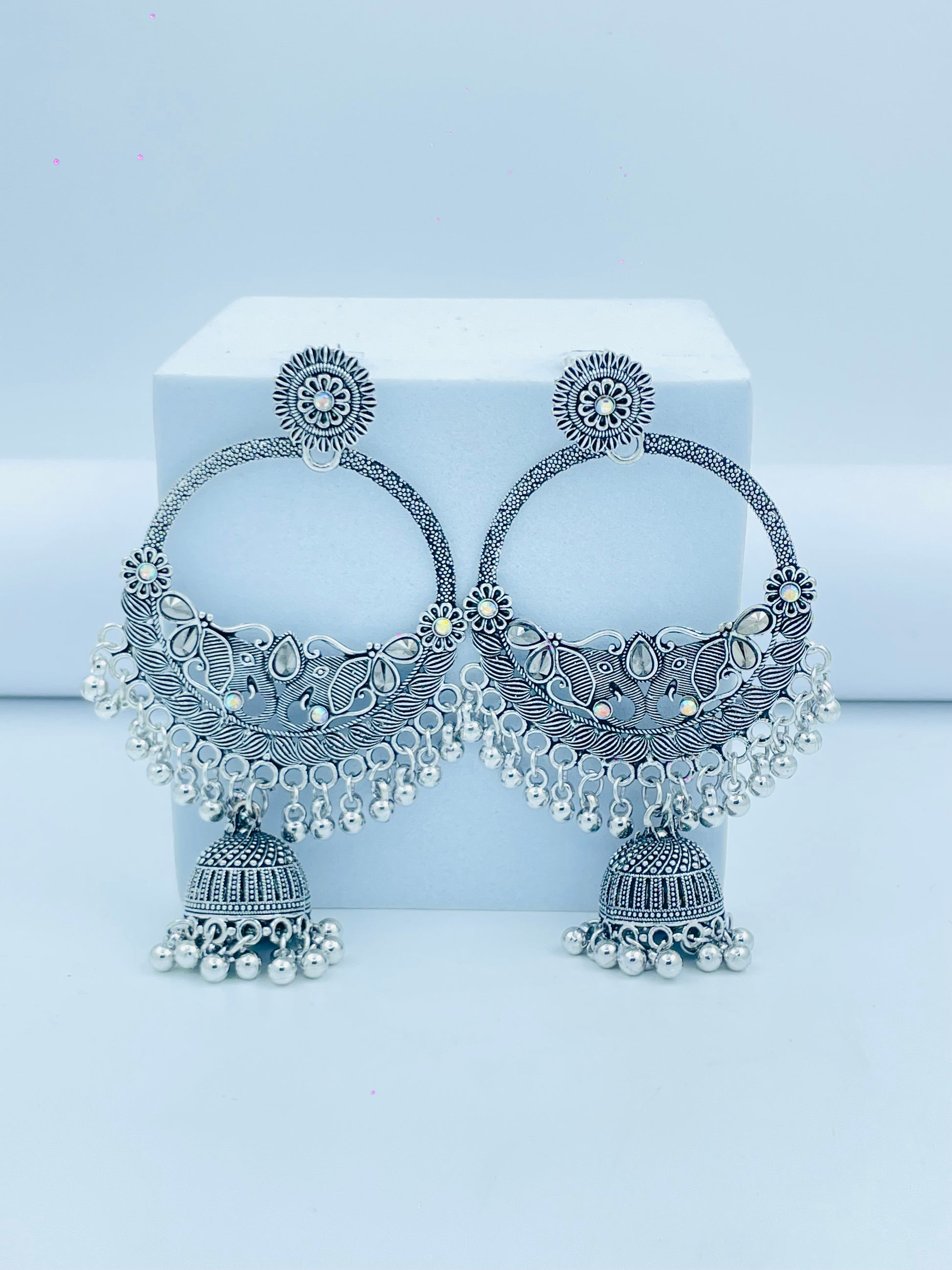 Stunning Oxidized Silver Jhumka Earrings with Pearl Detailing