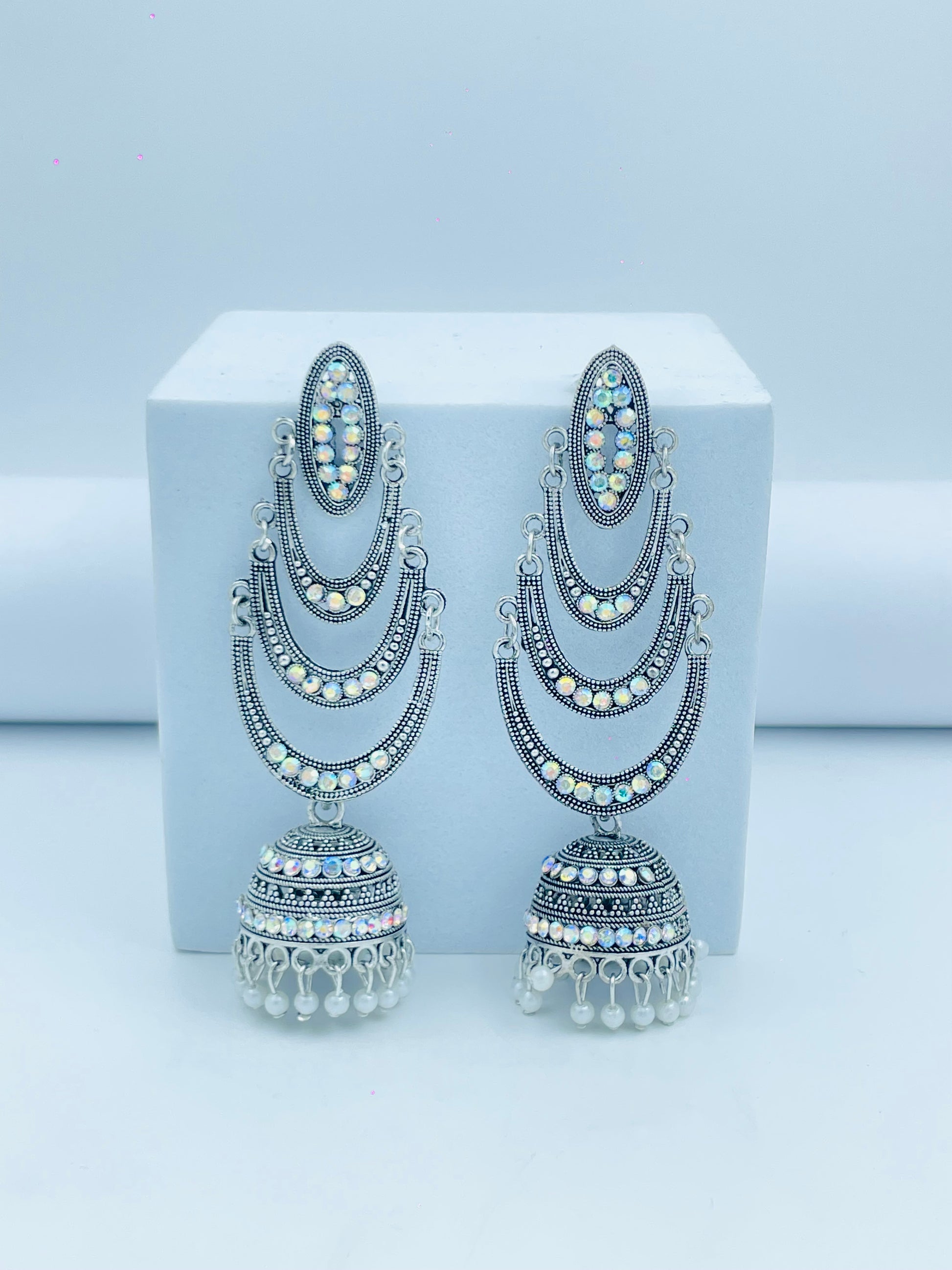 Elegant Silver Chandbali Earrings with Pearl Drops