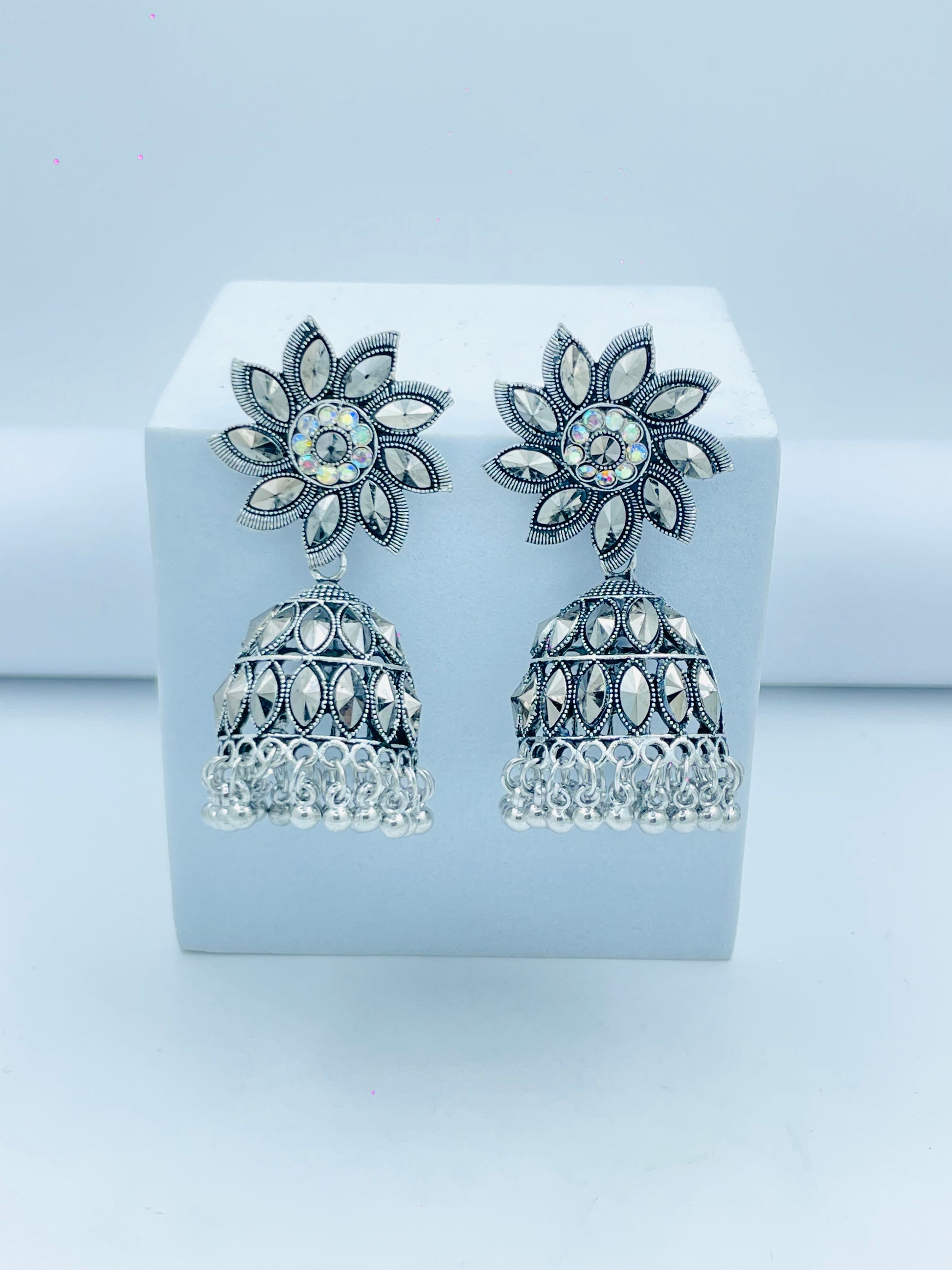 Stylish Silver Floral Jhumka Earrings