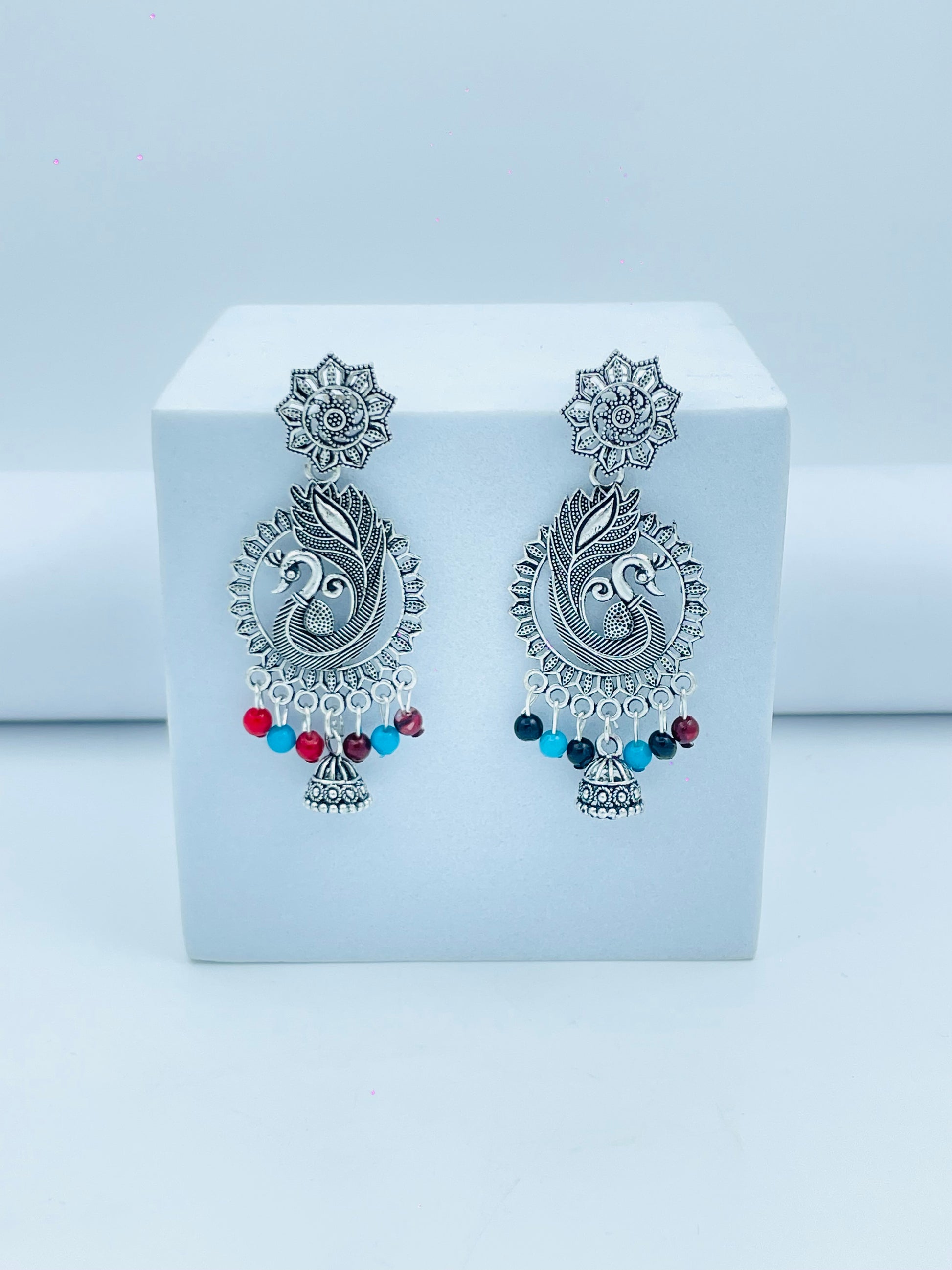 Elegant Silver Peacock Earrings with Colorful Beads