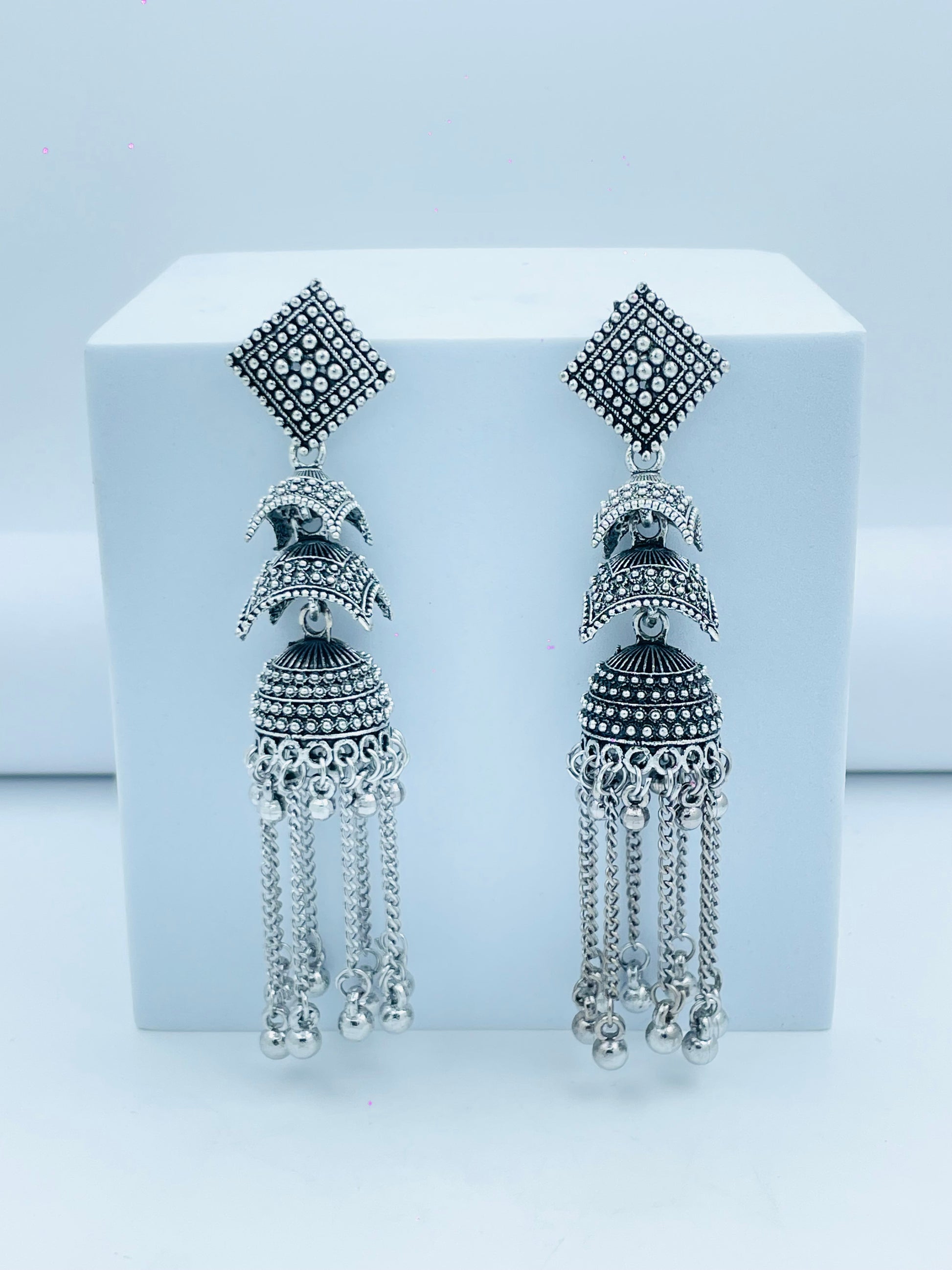 Elegant Silver Jhumka Earrings with Dangle Chains