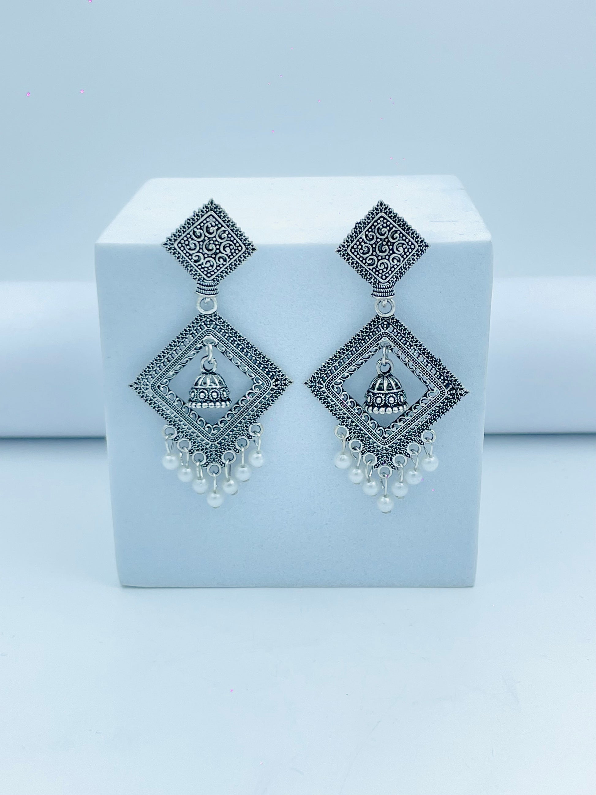 Elegant Traditional Silver Jhumka Earrings with Pearl Drops