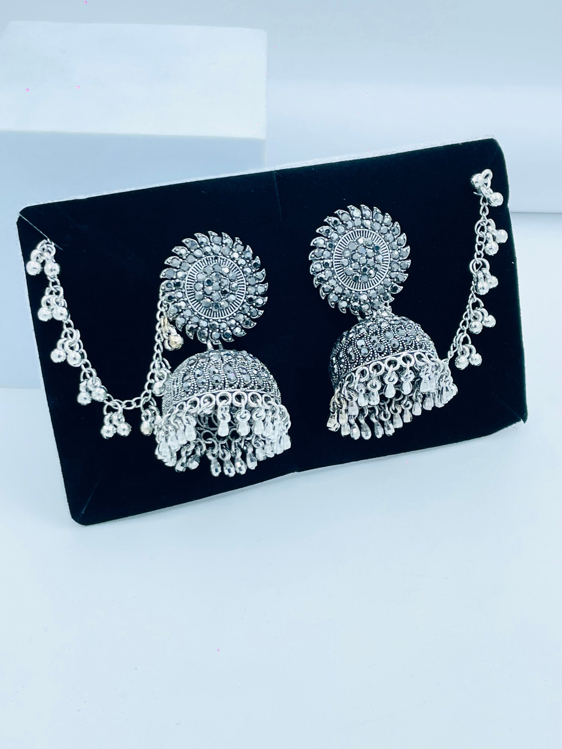 Traditional Silver Jhumka Earrings with Chain