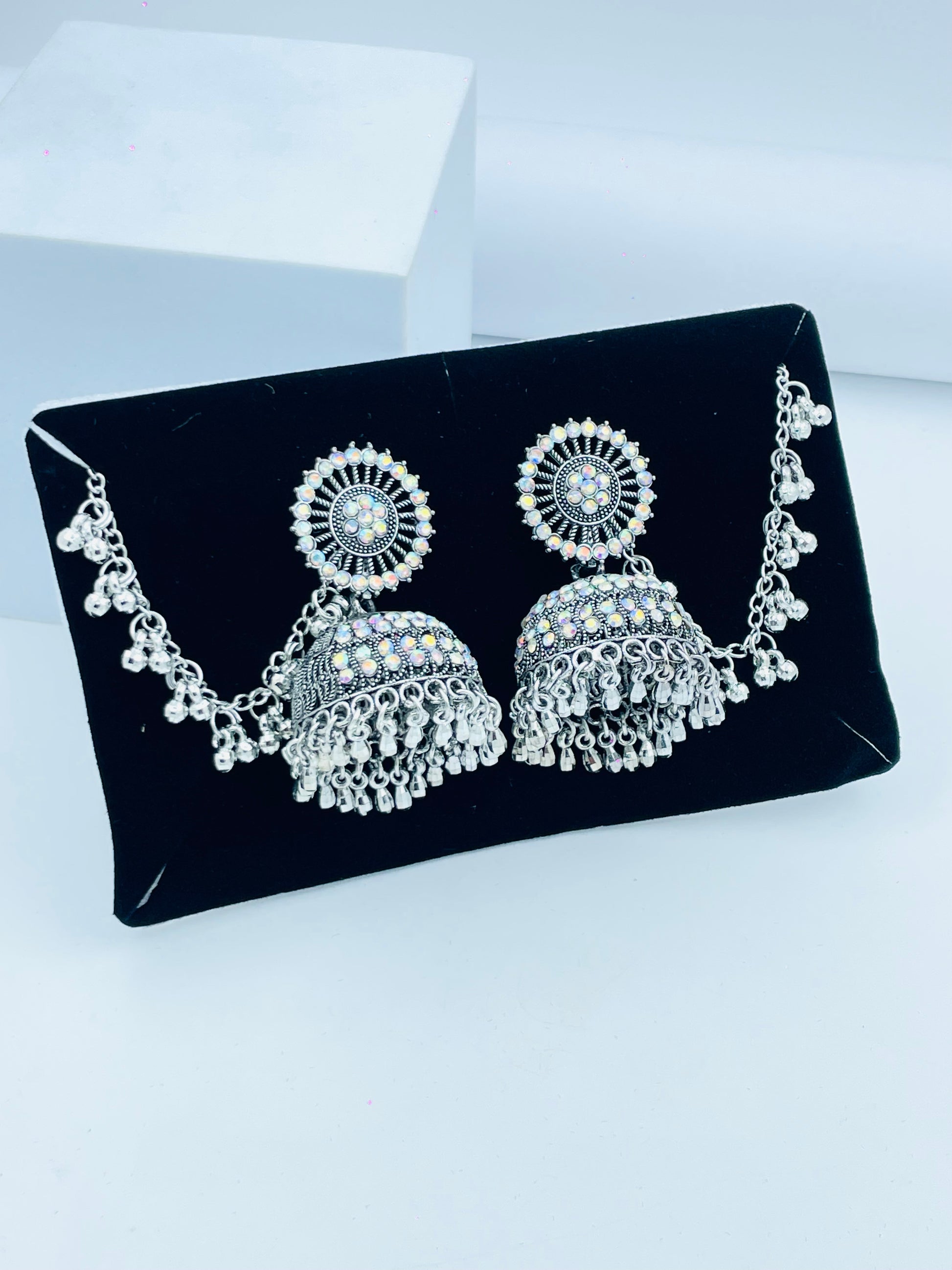 Elegant Silver Jhumka Earrings with Chain for Women