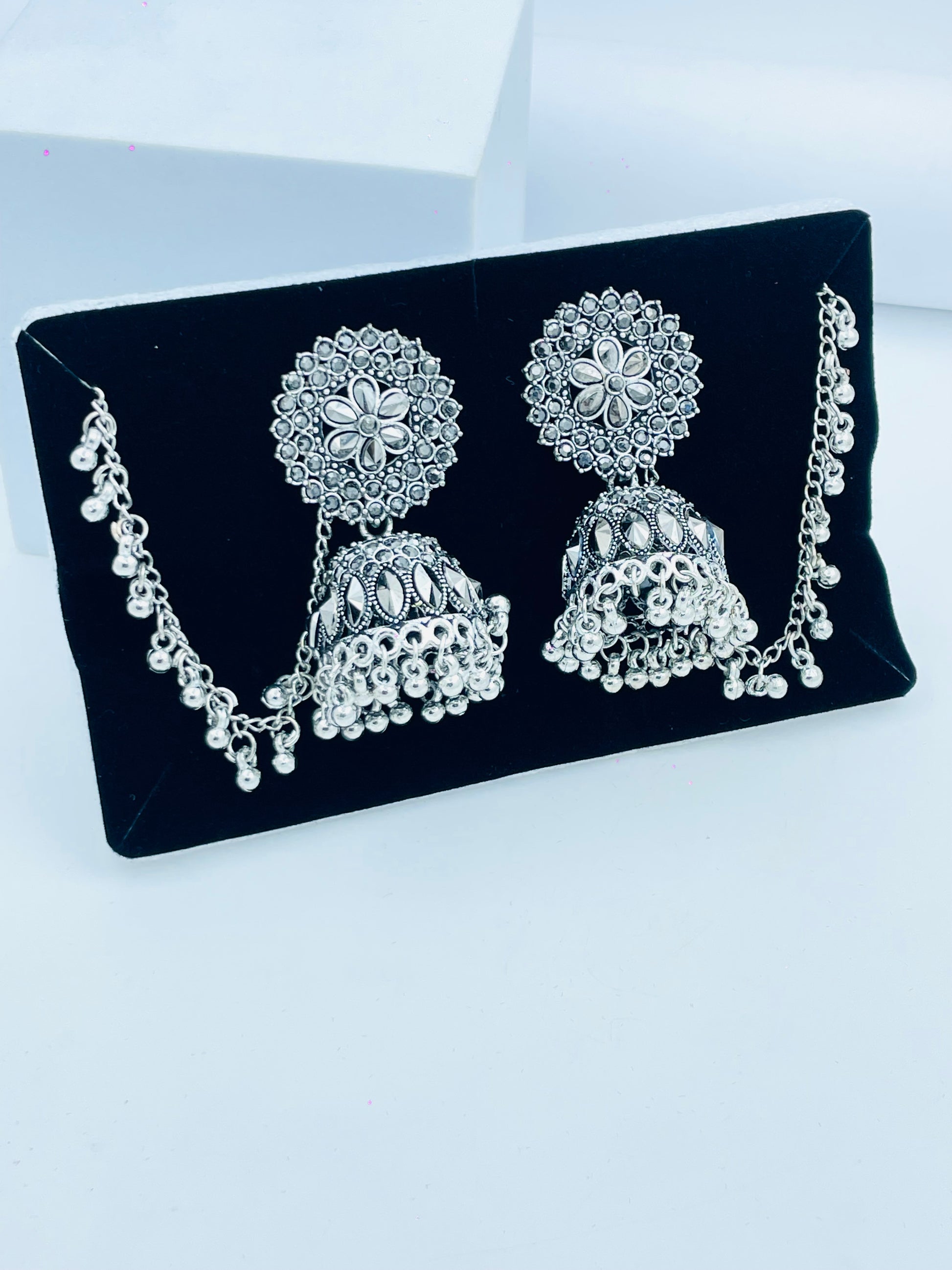 Elegant Silver Jhumka Earrings with Floral Design and Chain