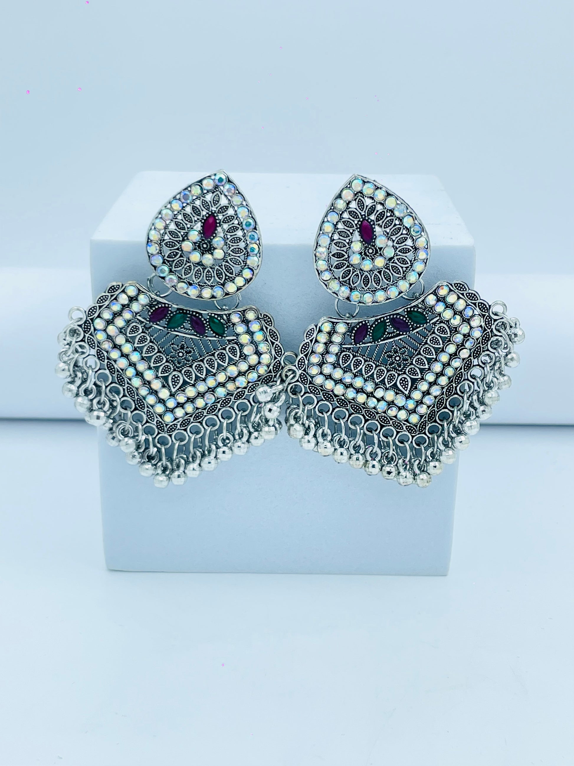 SilverPlated Ethnic Jhumka Earrings with Pearls and Gemstones