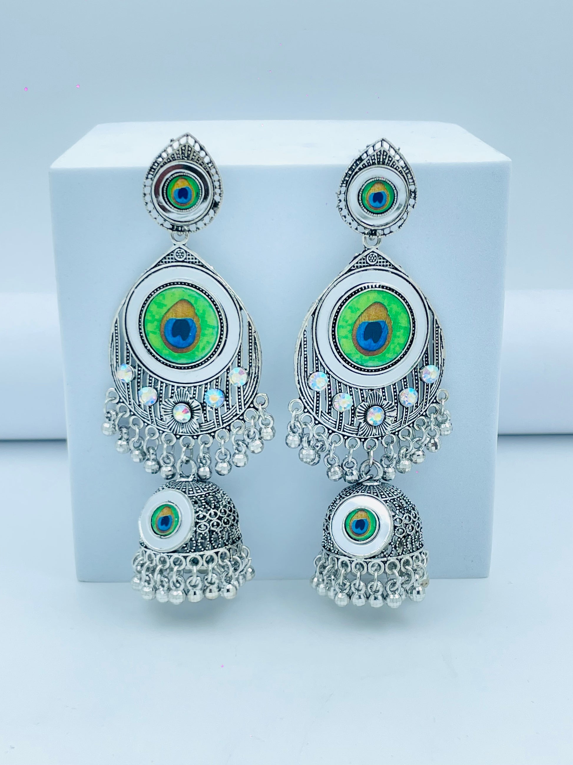 Peacock Eye Design Silver Earrings  Statement Jewelry