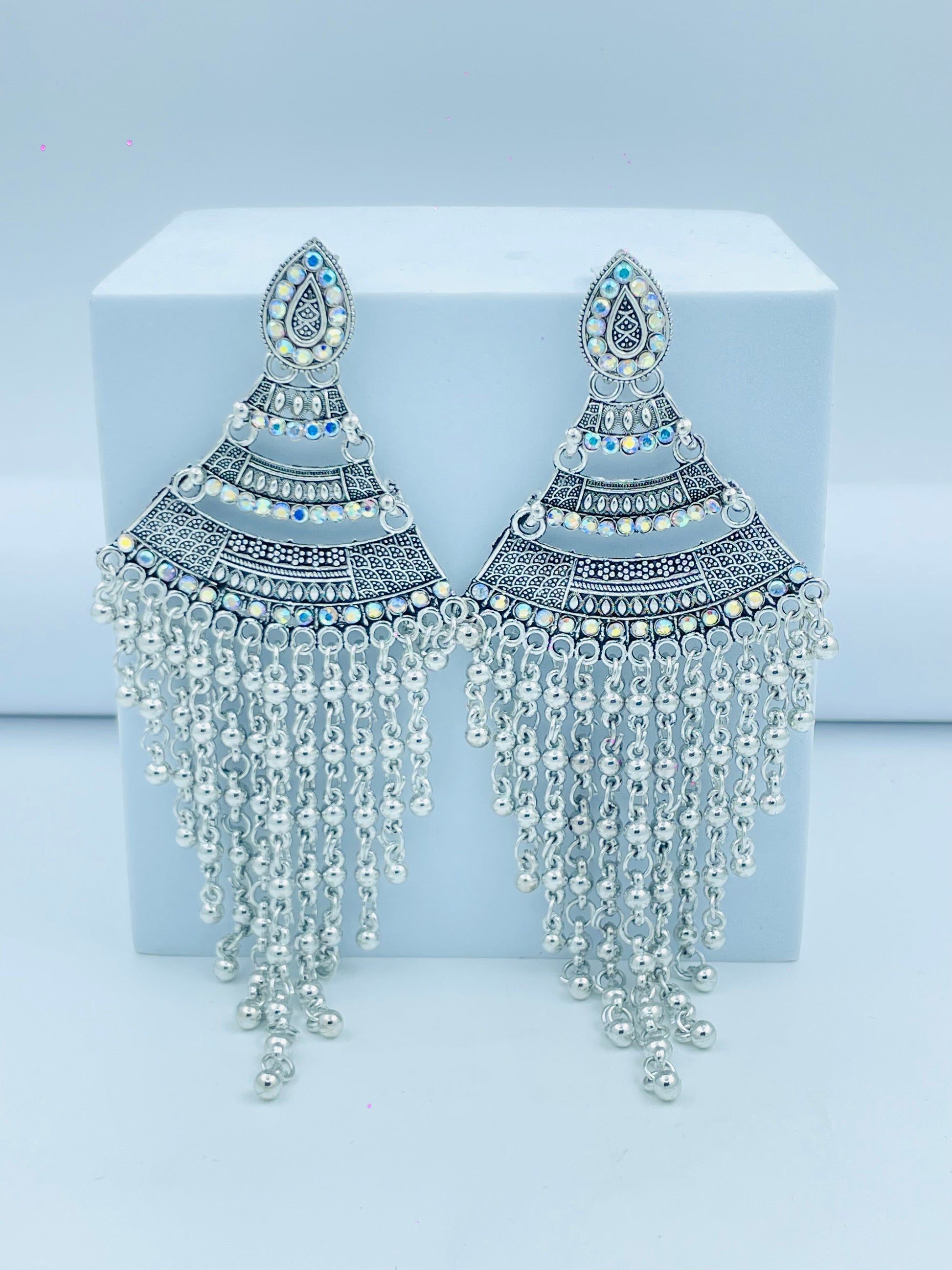 Ethnic Silver Chandelier Earrings with Tassels