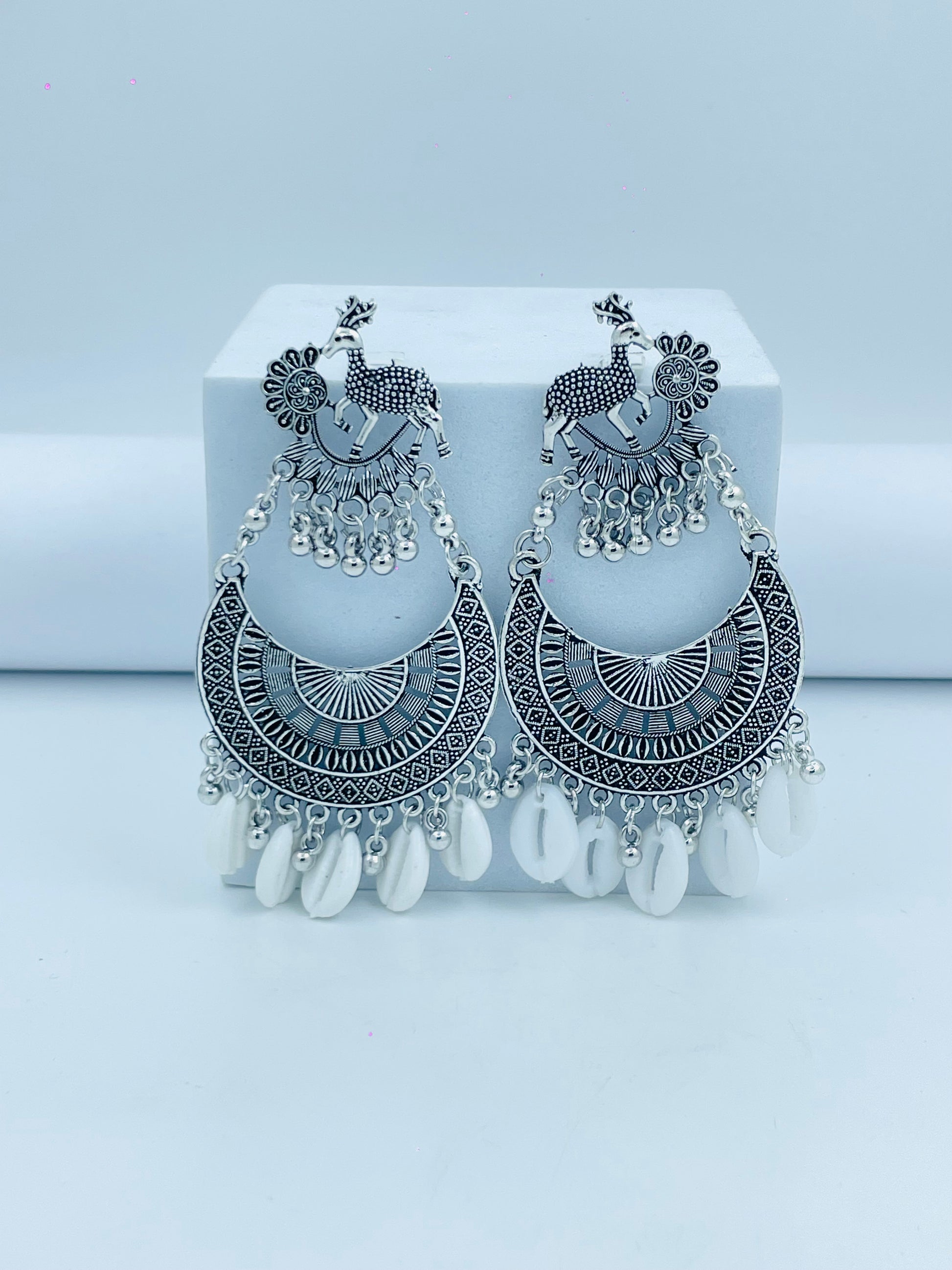 Oxidized Silver Peacock Earrings with White Beads