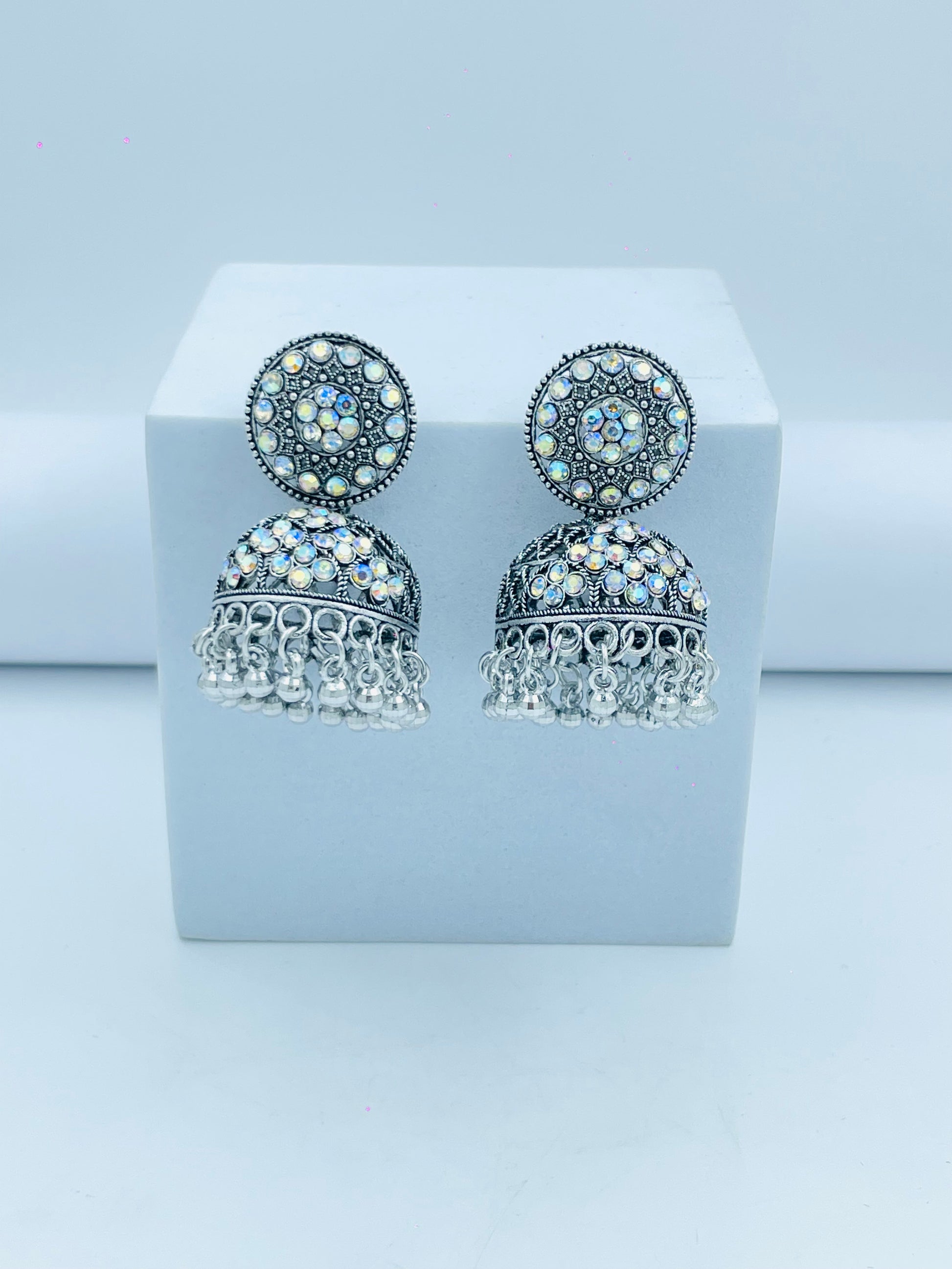 Silver Tone Jhumka Earrings with Rhinestone Details