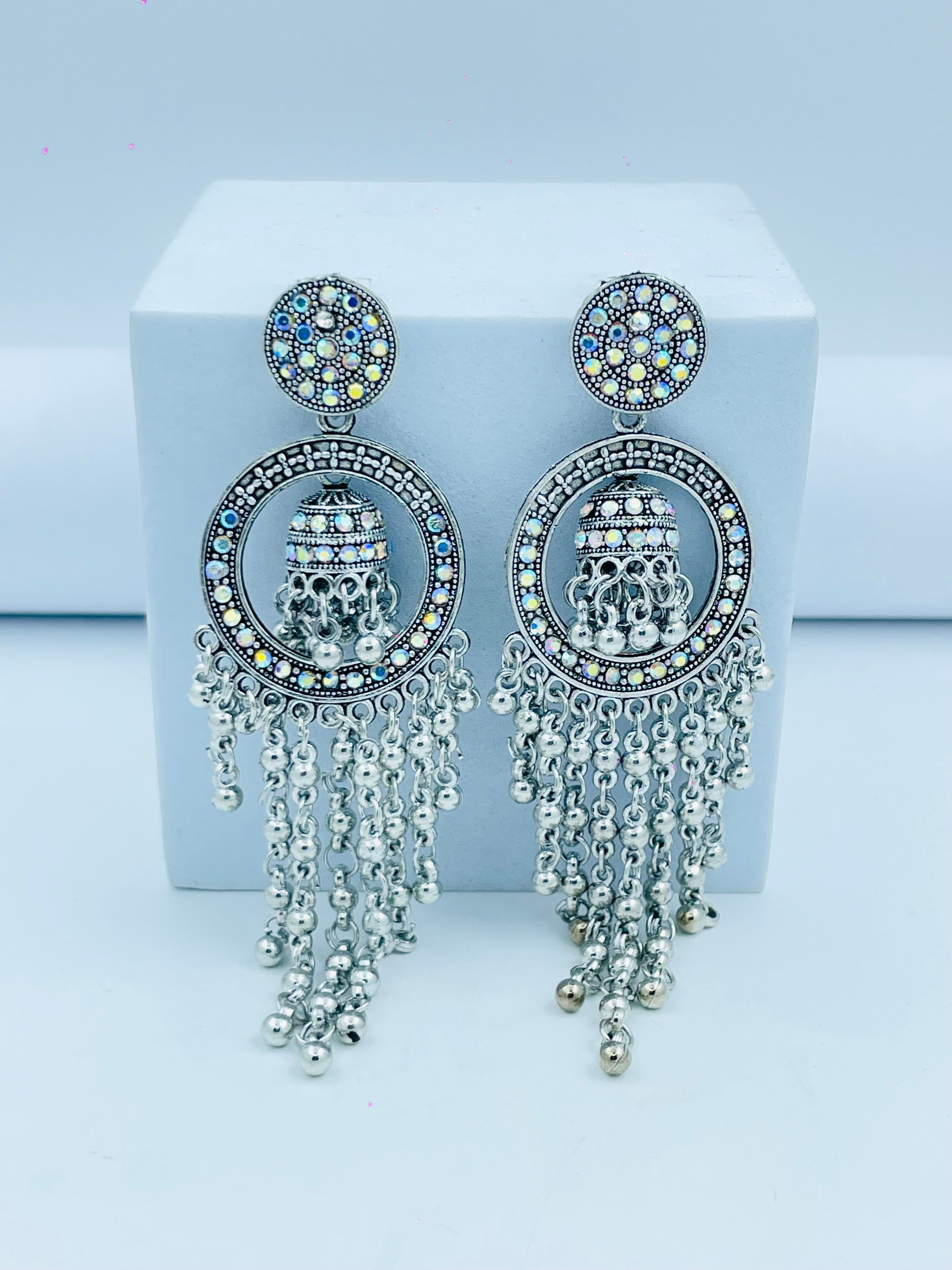 Elegant Silver Chandbali Earrings with Beaded Design