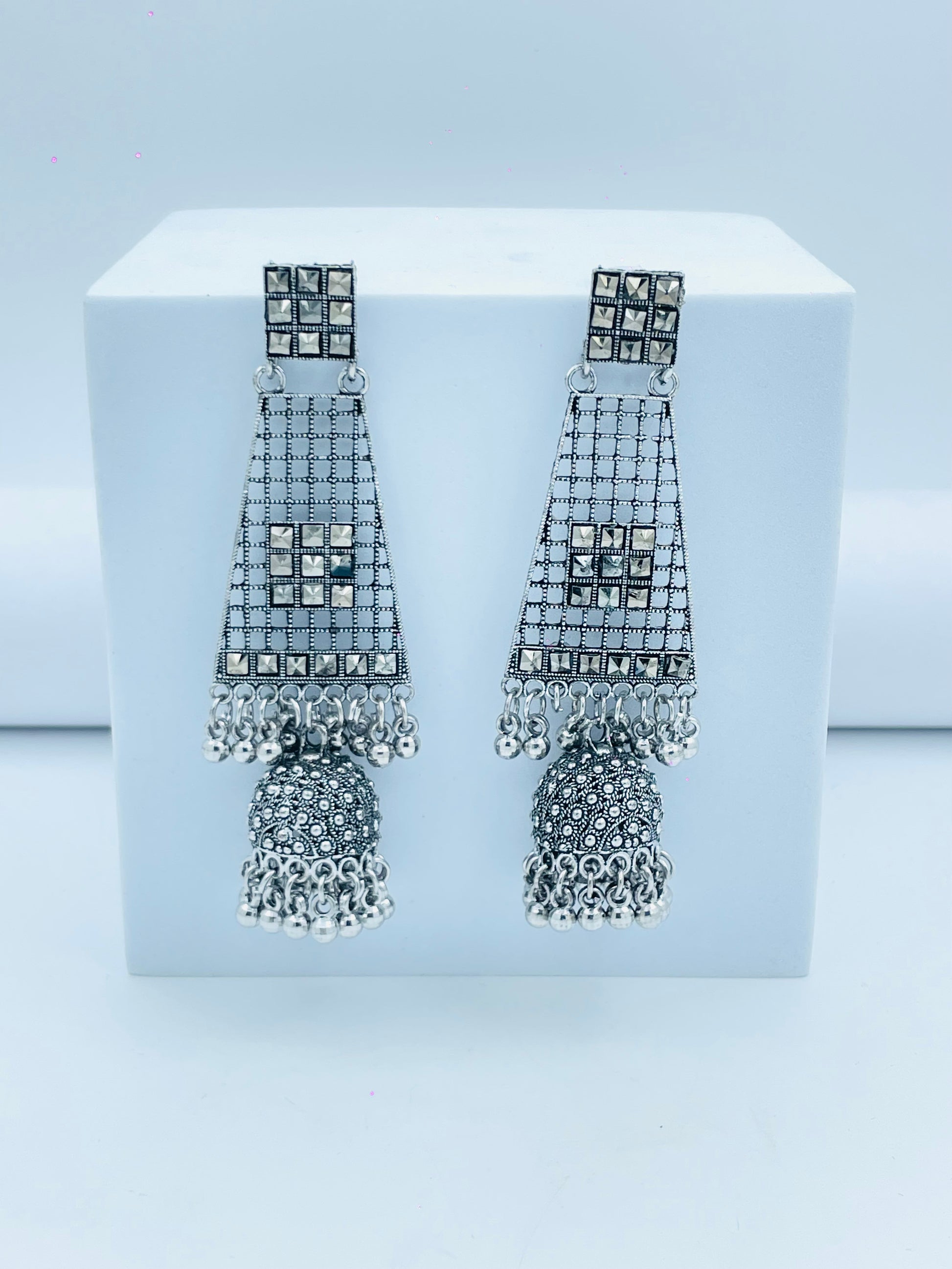 Geometric Pattern Silver Jhumka Earrings  Elegant and Stylish