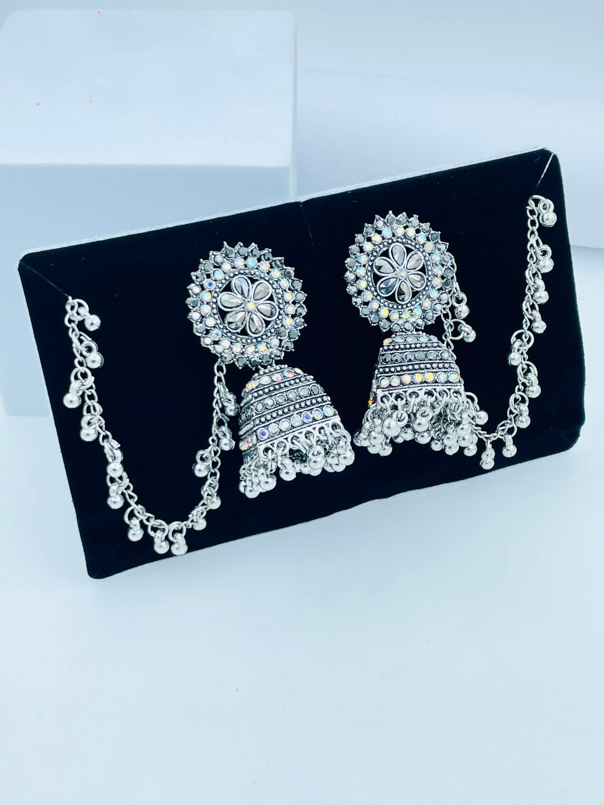 Elegant Oxidized Silver Jhumka Earrings with Chain