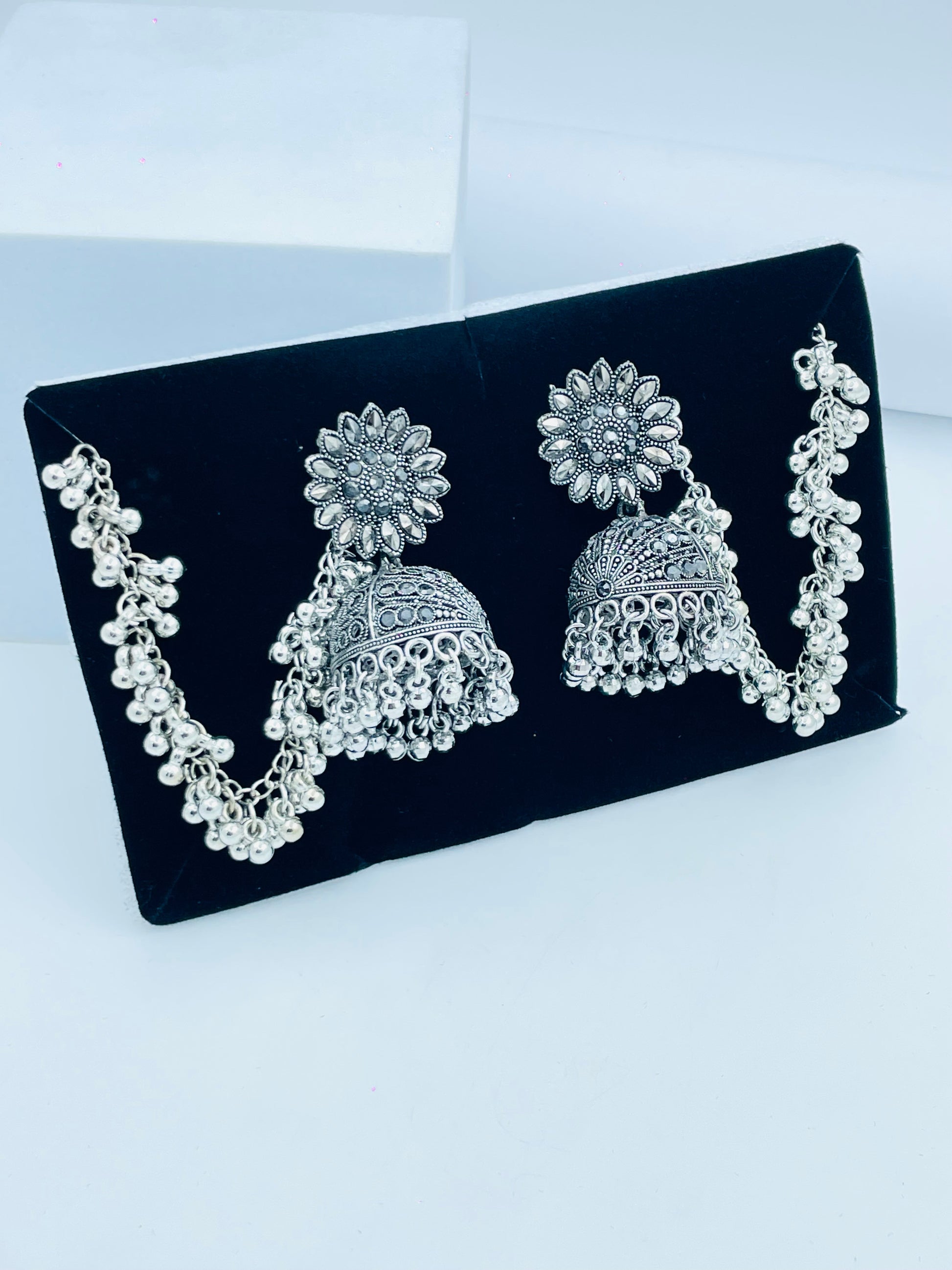 Elegant Silver Jhumka Earrings with Chain