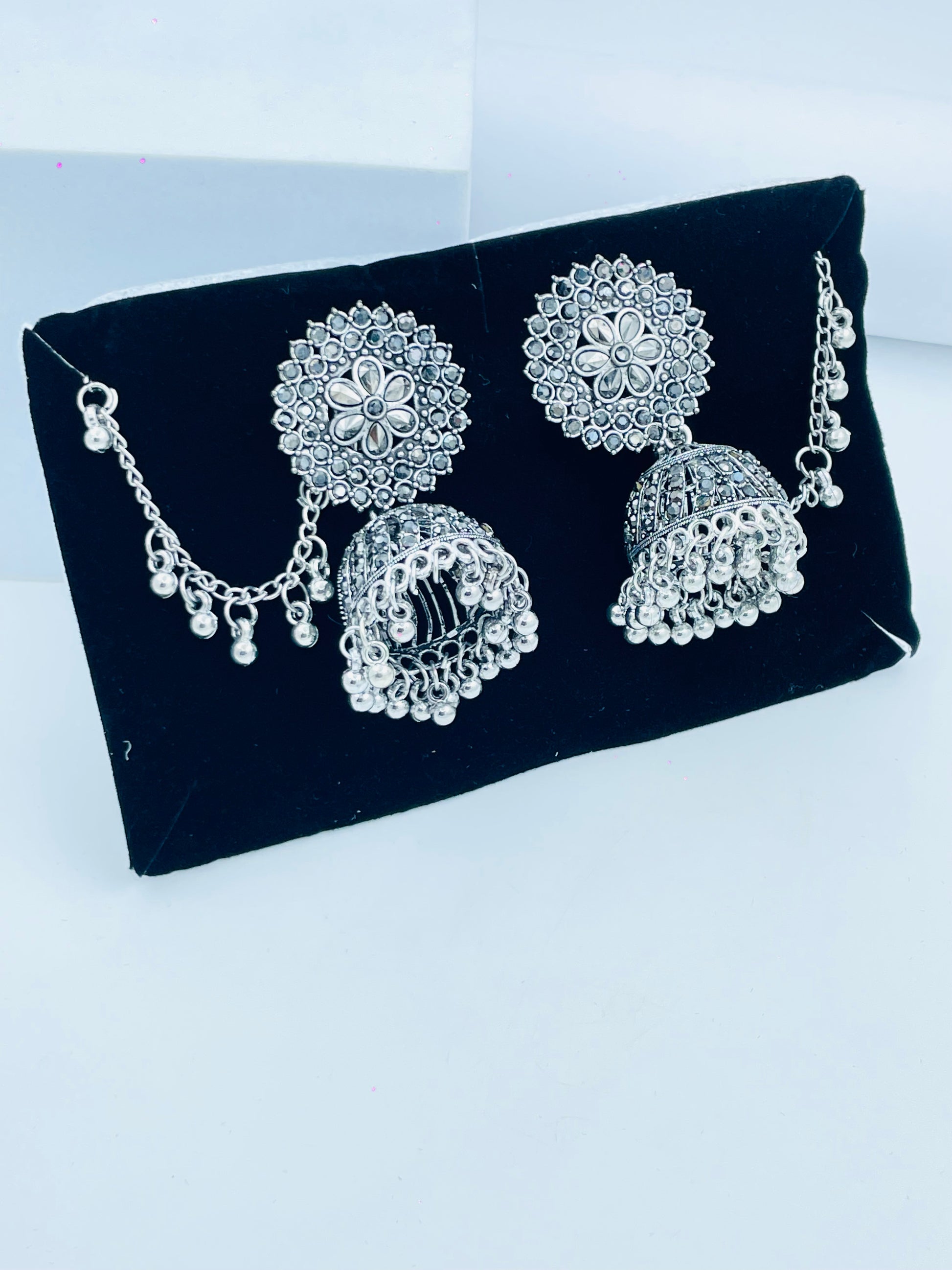 Elegant Silver Jhumka Earrings with Chain