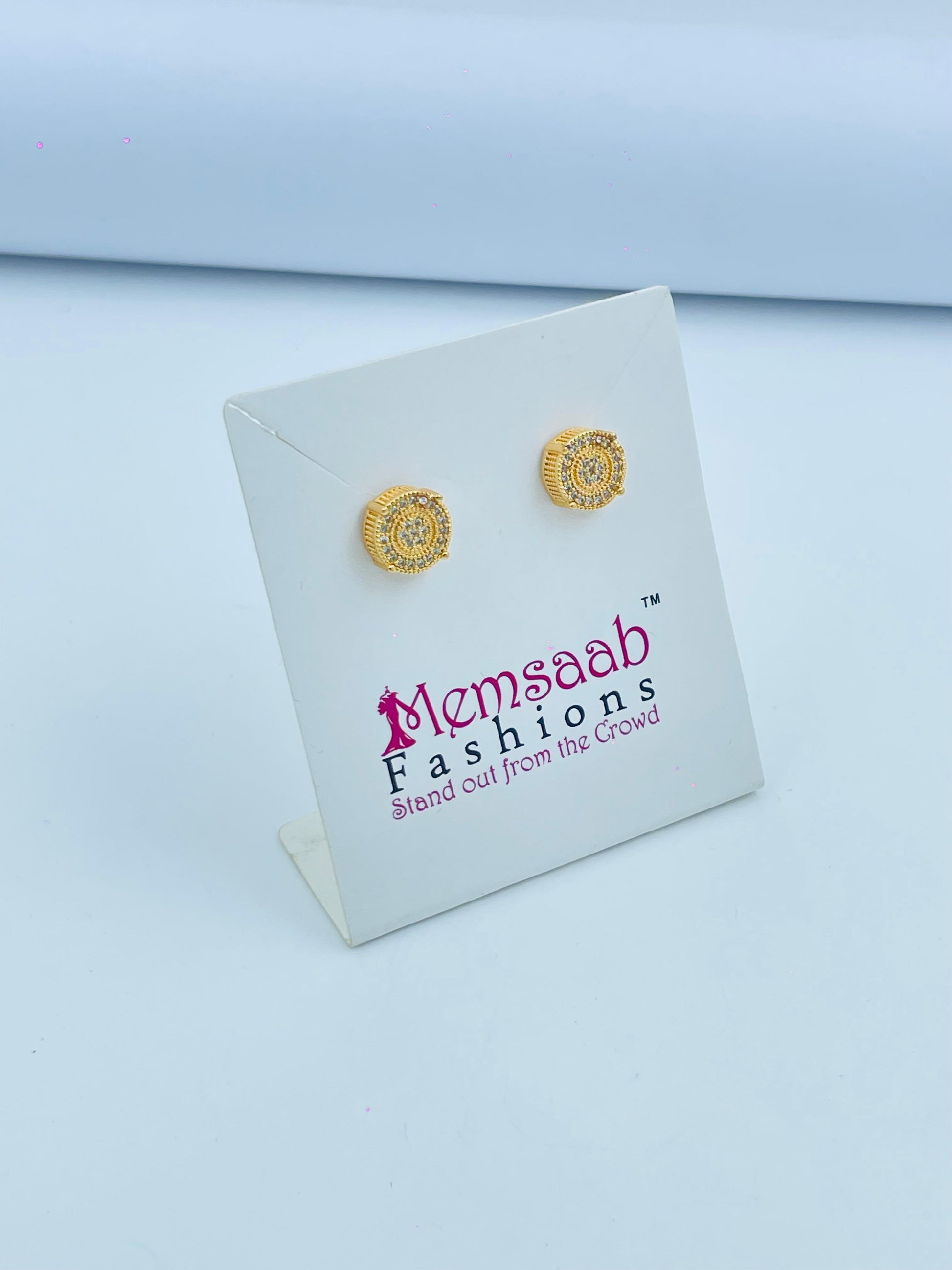 Elegant Round Gold Stud Earrings with Crystal Detailing