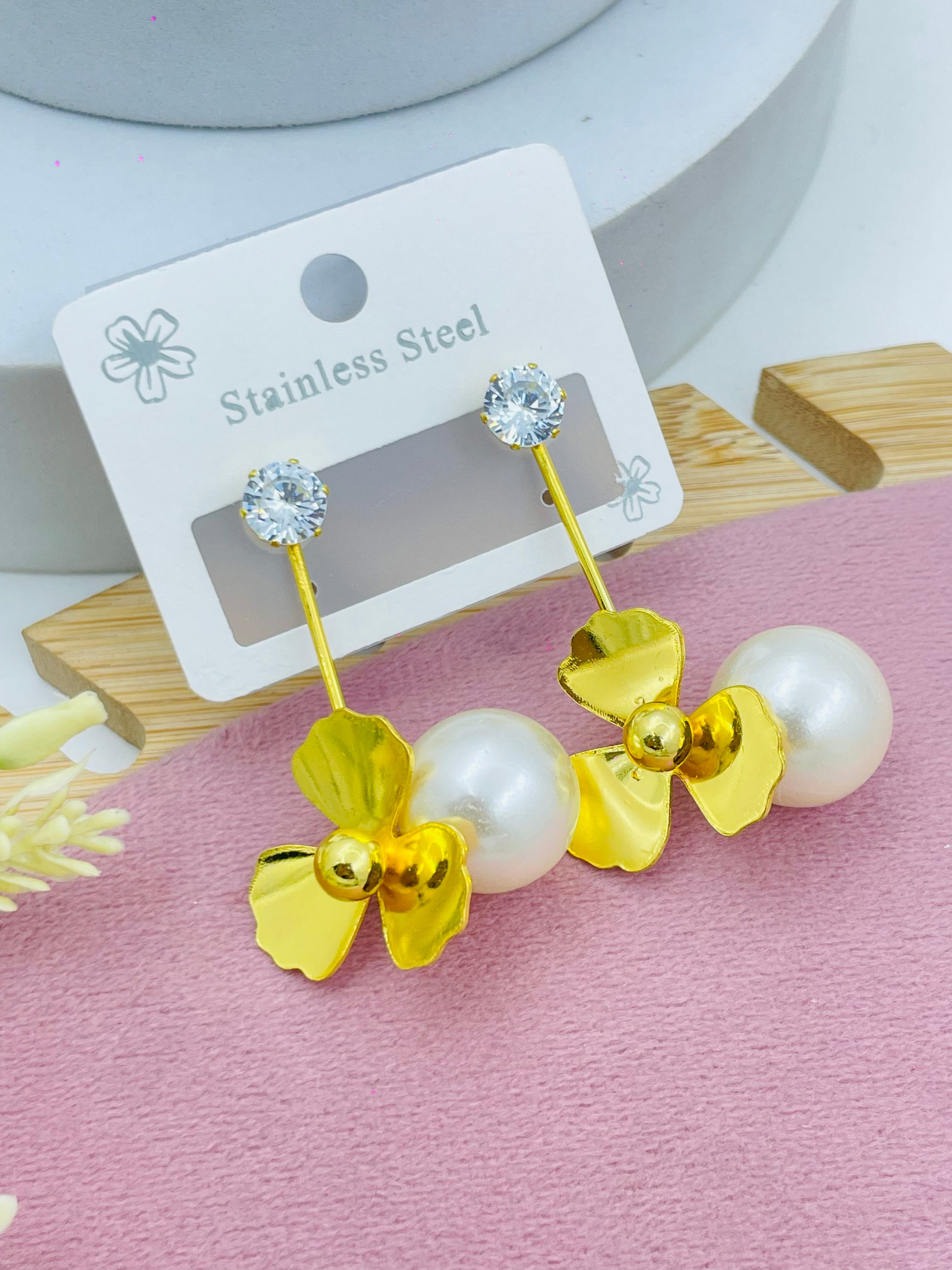 Elegant Stainless Steel Flower and Pearl Drop Earrings