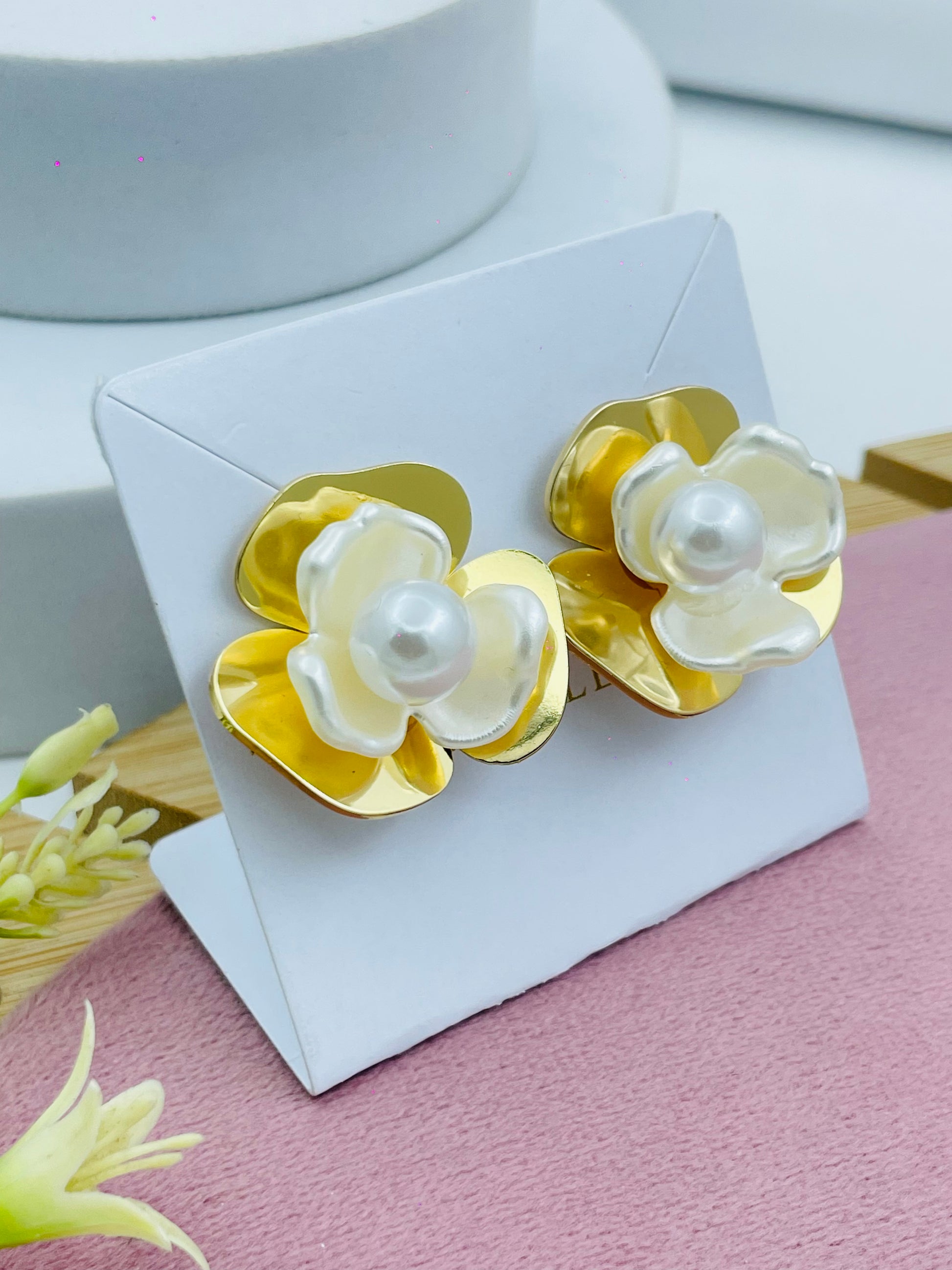 Gold Pearl Flower Earrings  Elegant Jewelry