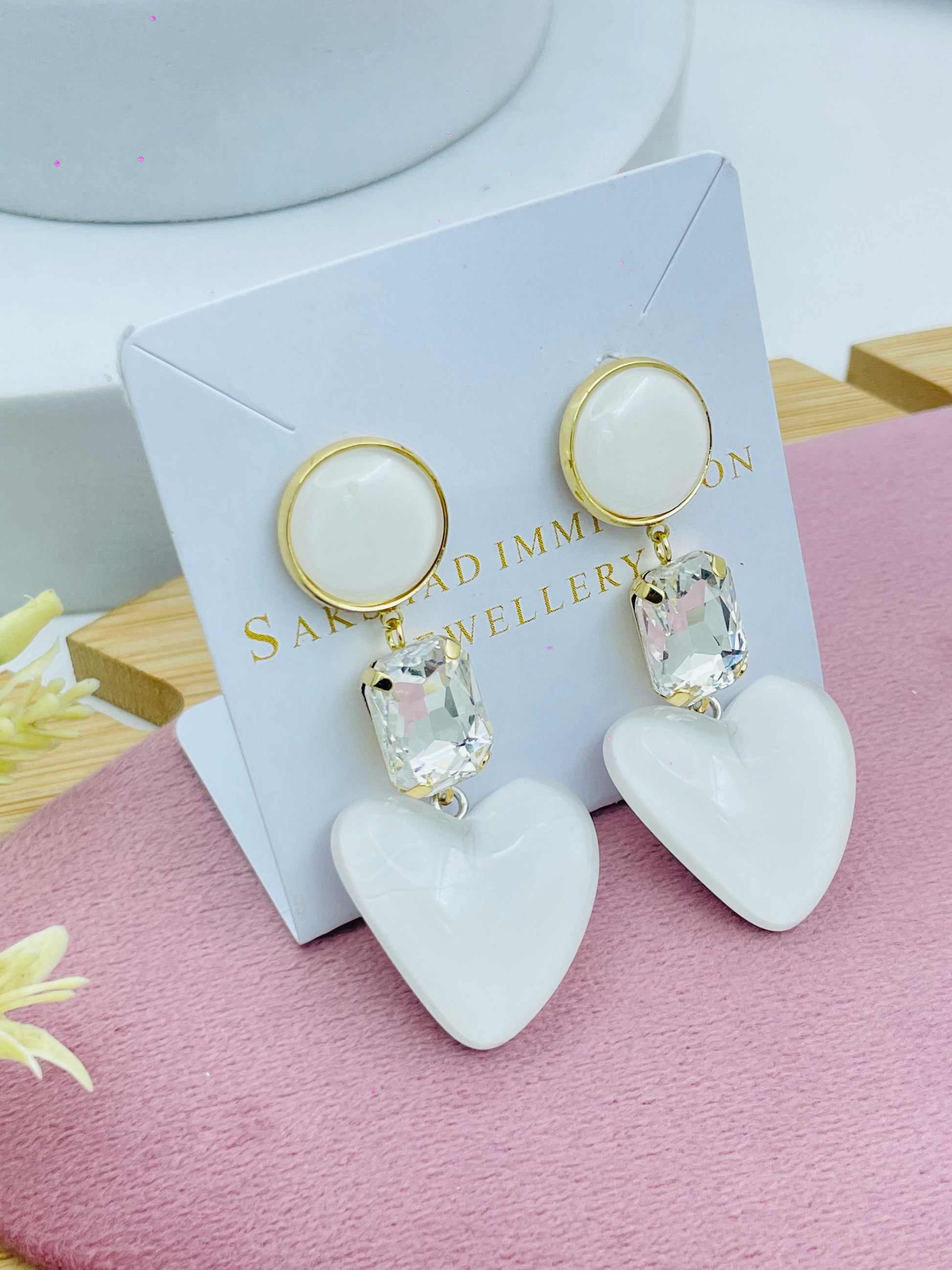 Elegant White Heart Drop Earrings