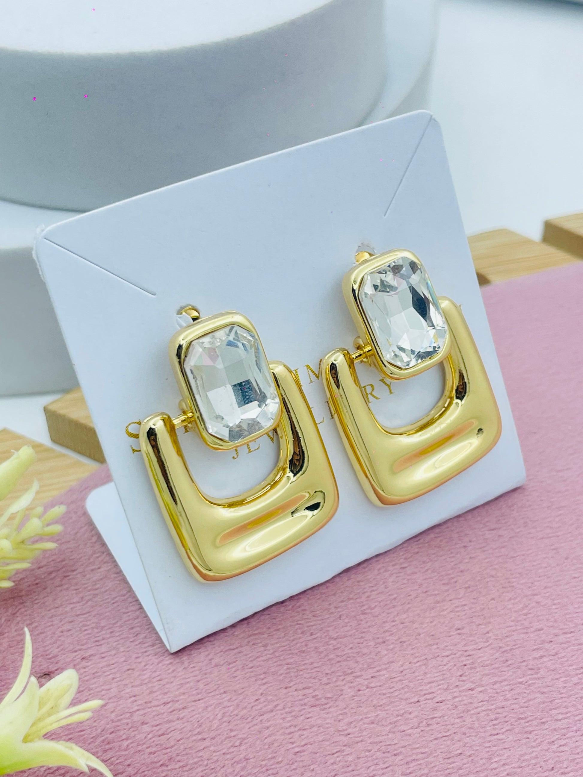 Stylish Gold Geometric Earrings with Clear Gemstone