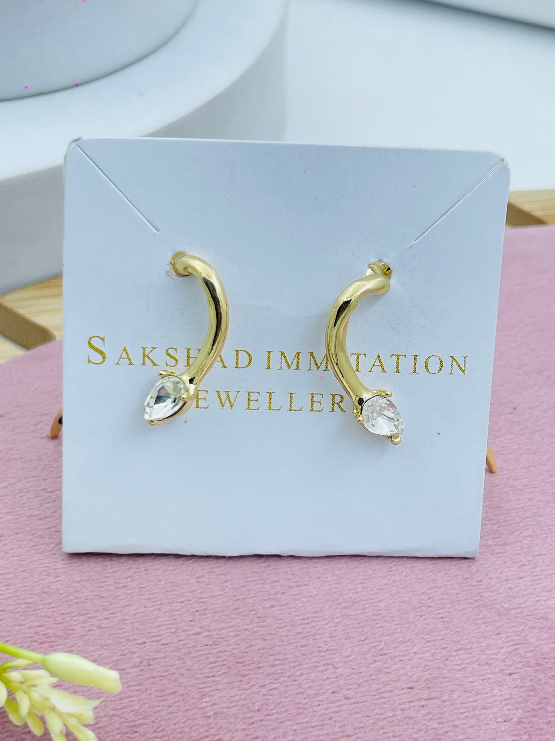 Elegant Gold Plated Curve Earrings with Teardrop Gem