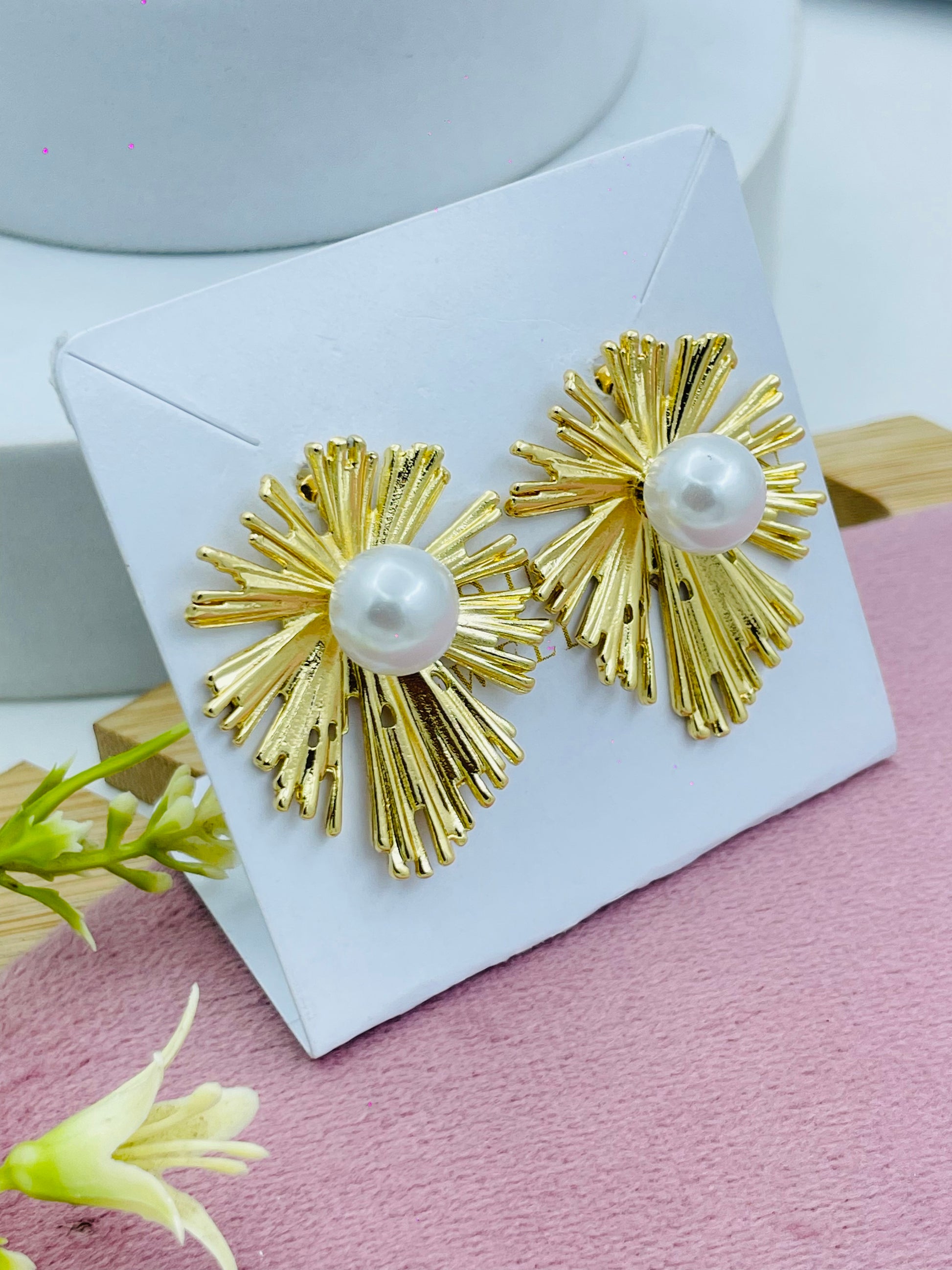 Gold Sunburst Pearl Earrings  Elegant Jewelry