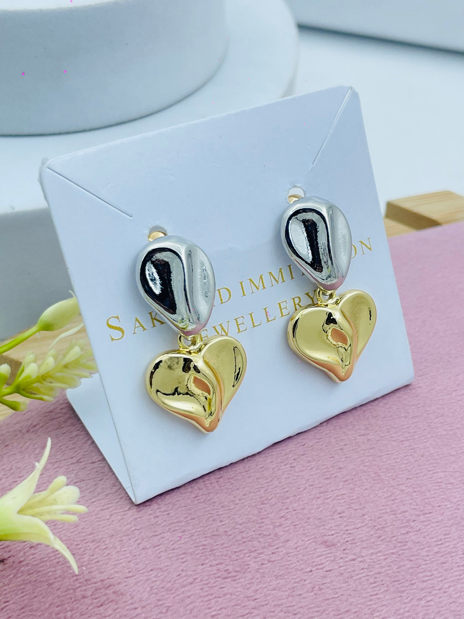 Elegant TwoTone Heart Earrings  Gold and Silver