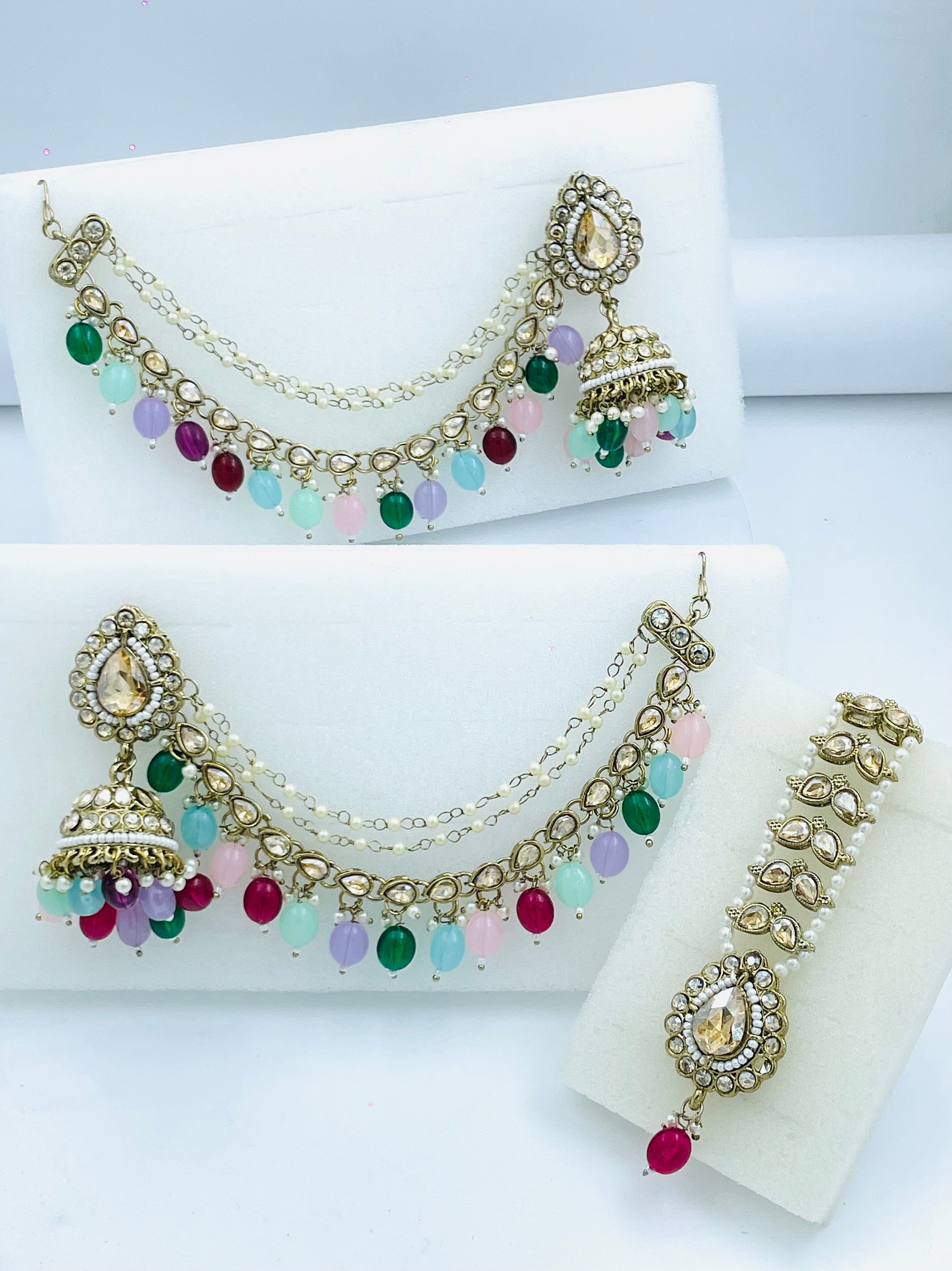 Gold Tone Multicolored Kundan Anklet Set with Jhumka Charms