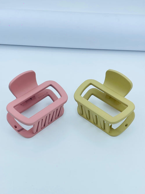 2-Piece Matte Rectangle Hair Claw Clips – Pink & Mustard | Minimalist Grip Set