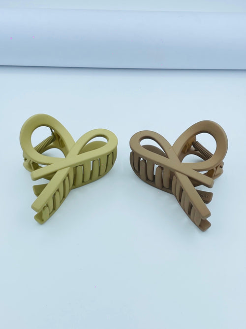 2-Piece Bow Hair Claw Clip Set – Mustard Yellow & Mocha Brown | Matte Finish Clips