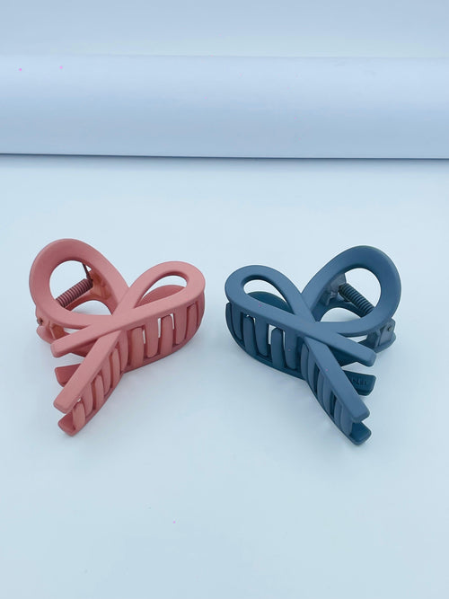 2-Piece Bow Hair Claw Clip Set – Dusty Rose & Slate Blue | Matte Modern Look