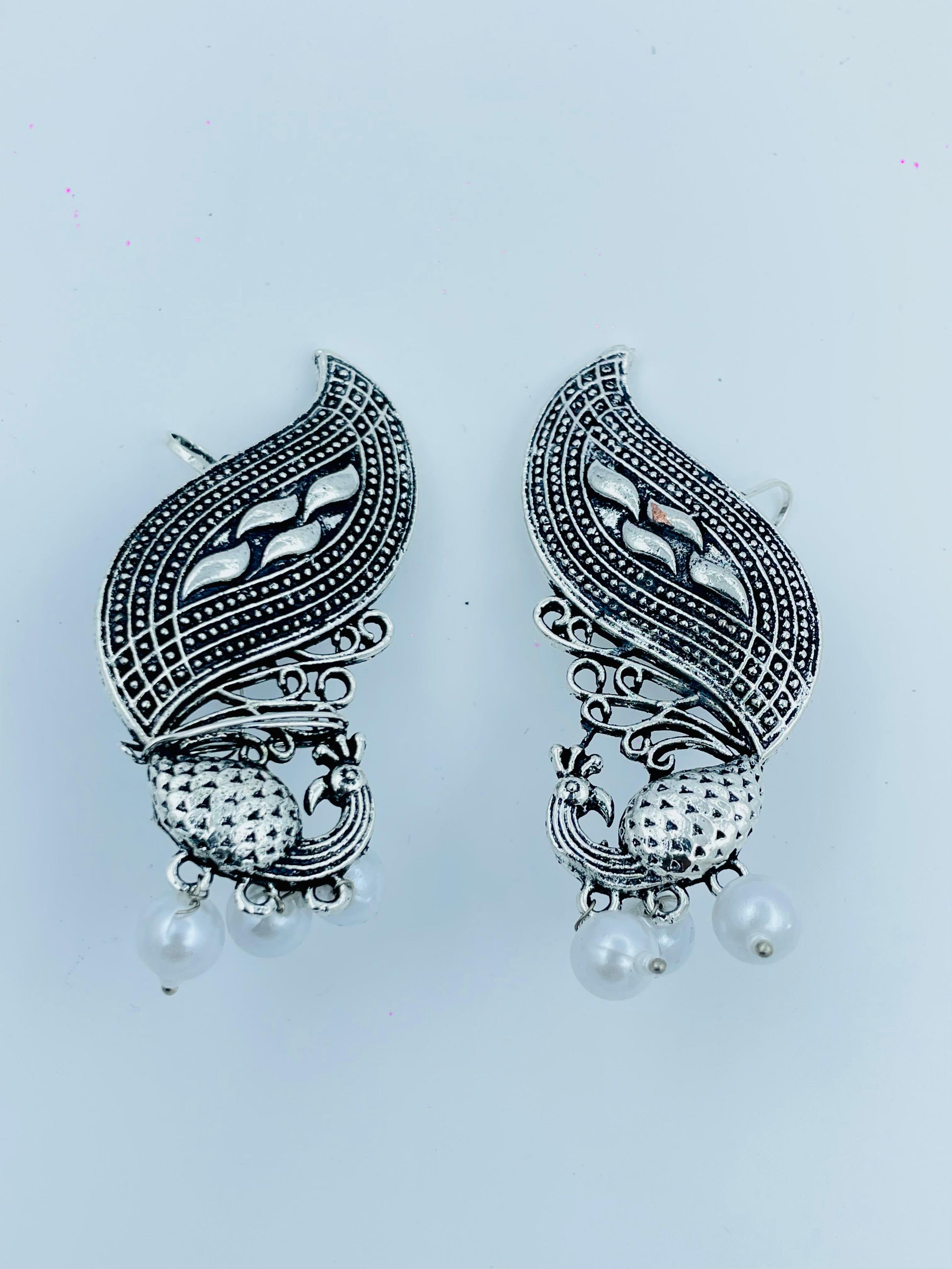 Silver Oxidized Peacock Earrings with Pearls – Ethnic Jhumka Design